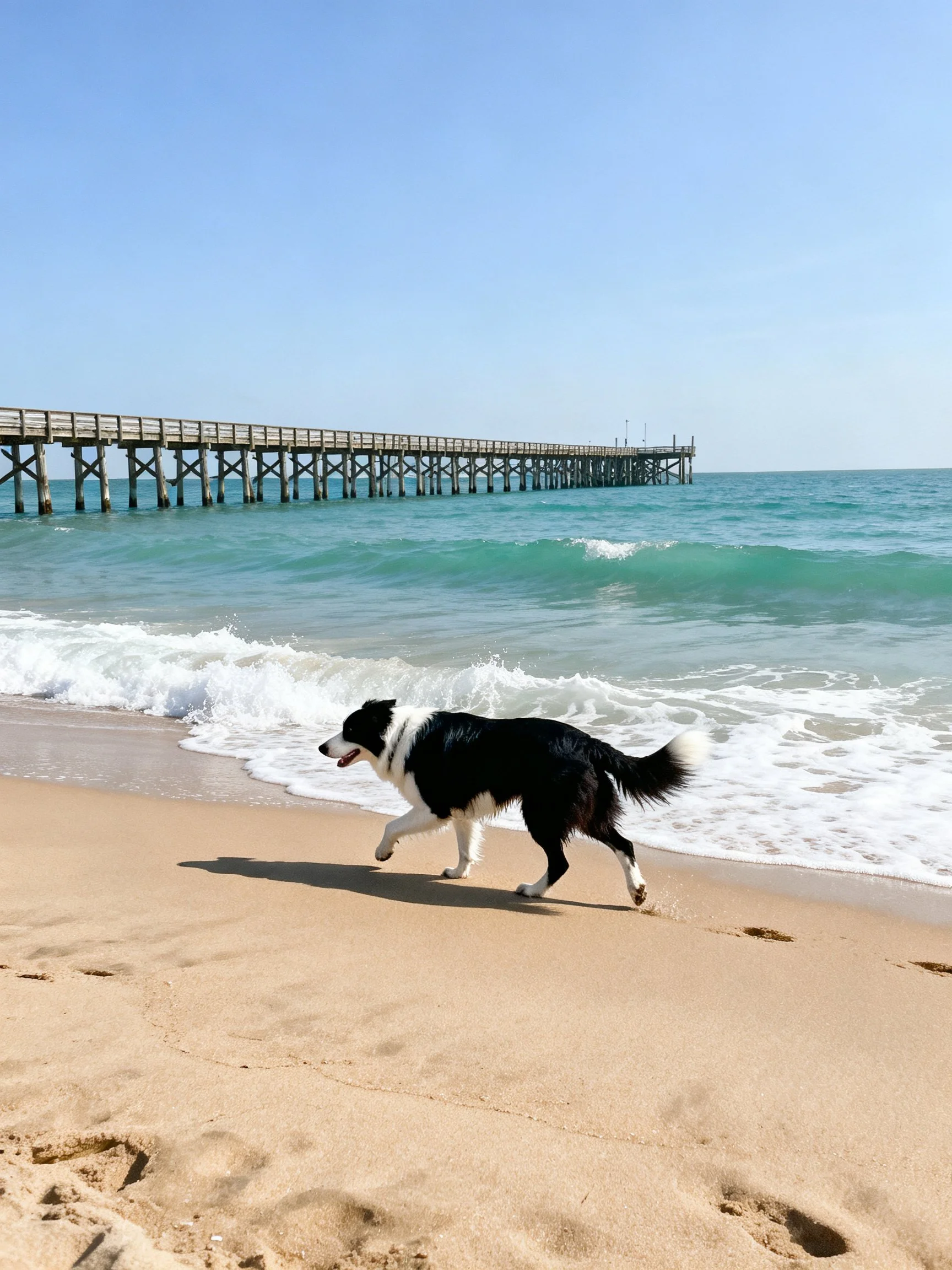 A black and white dog walks on a sandy beach with turquoise ocean waves nearby.