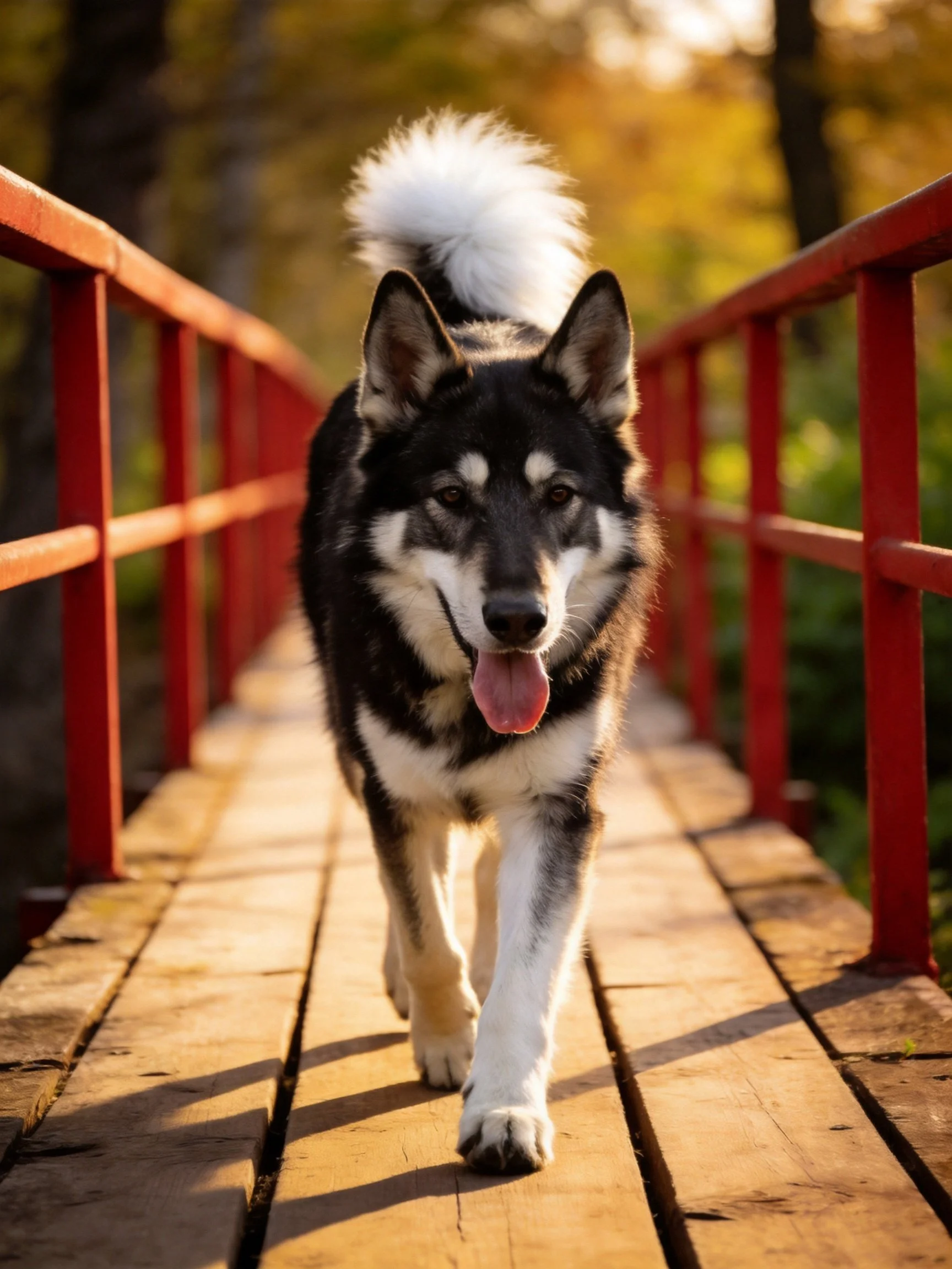 A black and white dog walks on a wooden bridge with red railings
