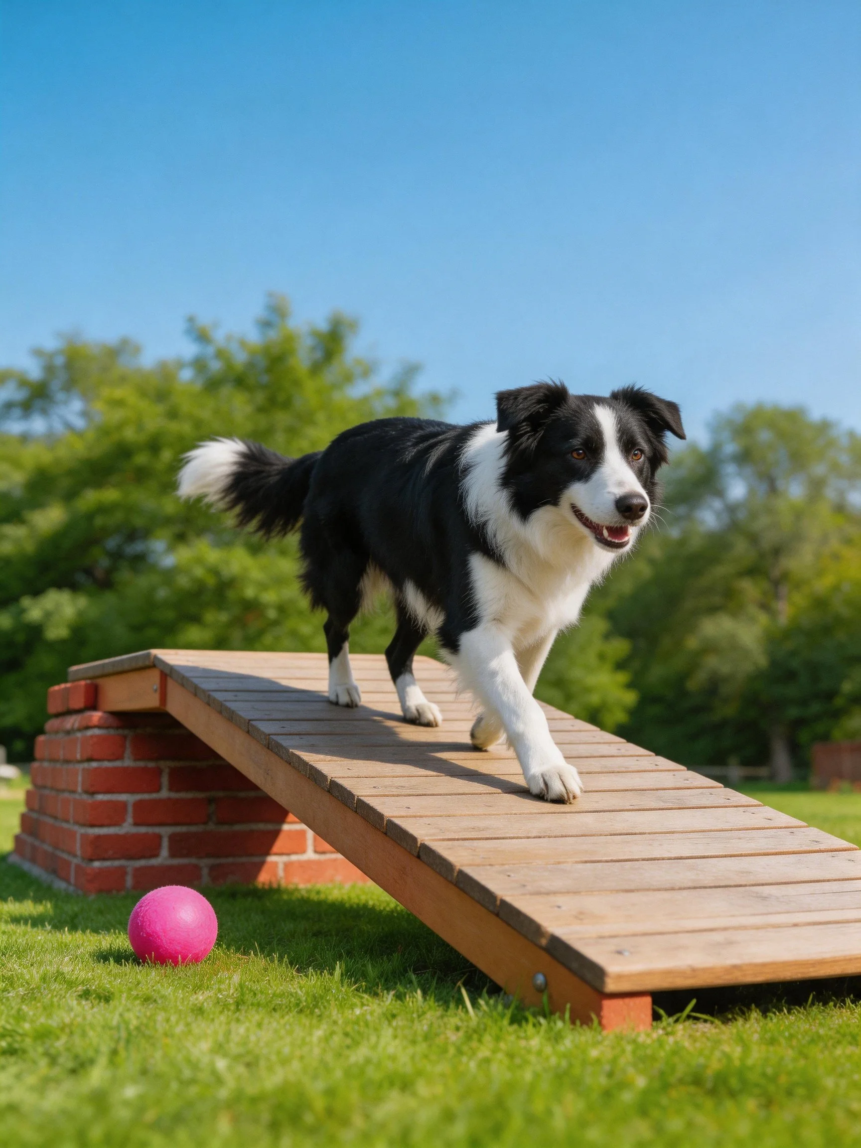 A black and white dog walks on a wooden ramp near a pink ball