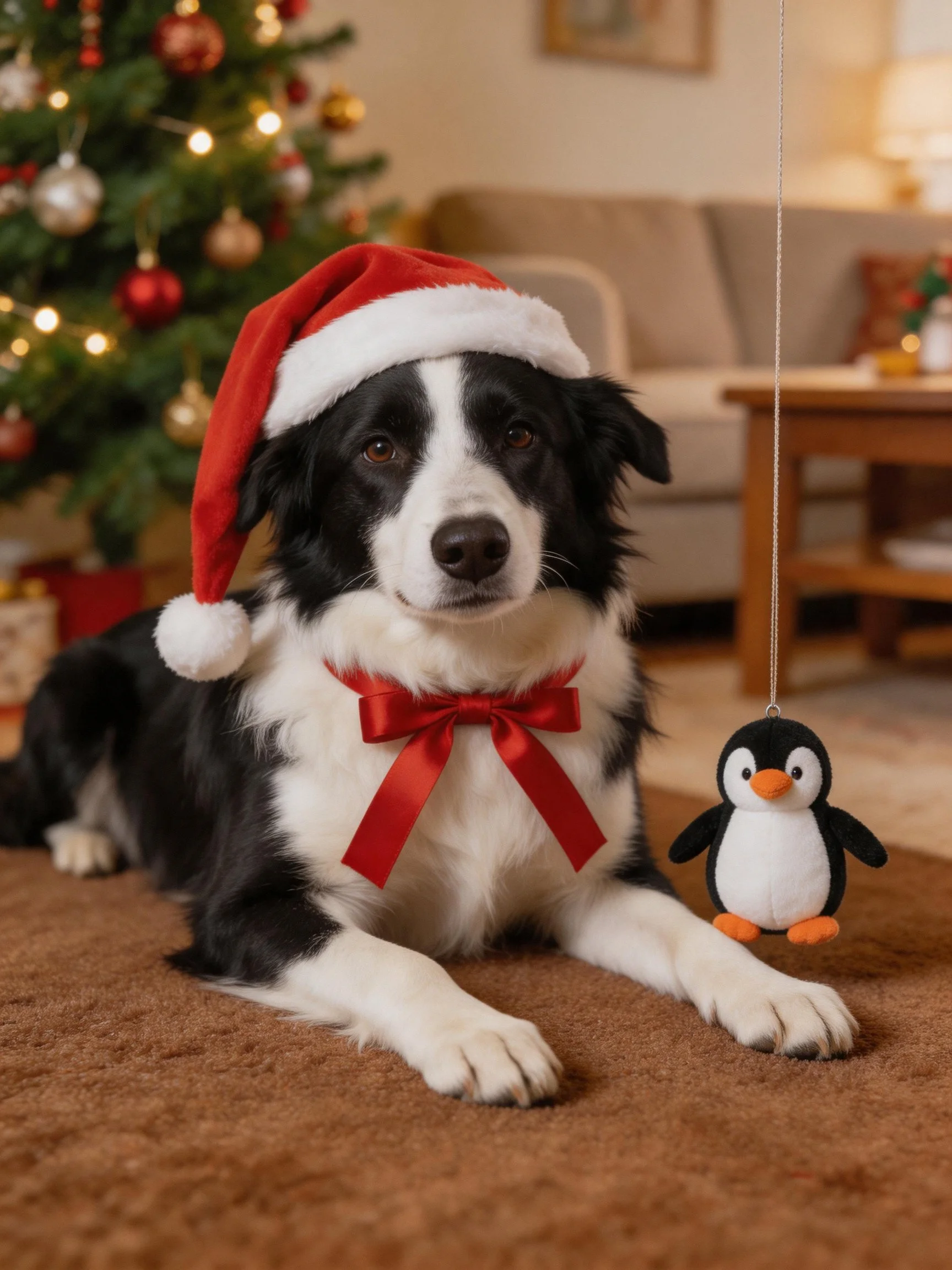 A black-and-white dog in holiday gear sits near a penguin ornament by a decorated Christmas tree