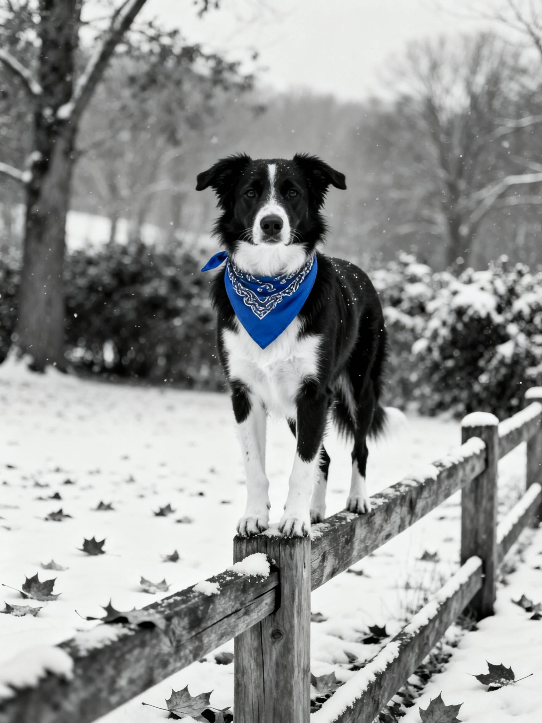 A black and white dog wearing a blue bandana stands on a snow-covered fence