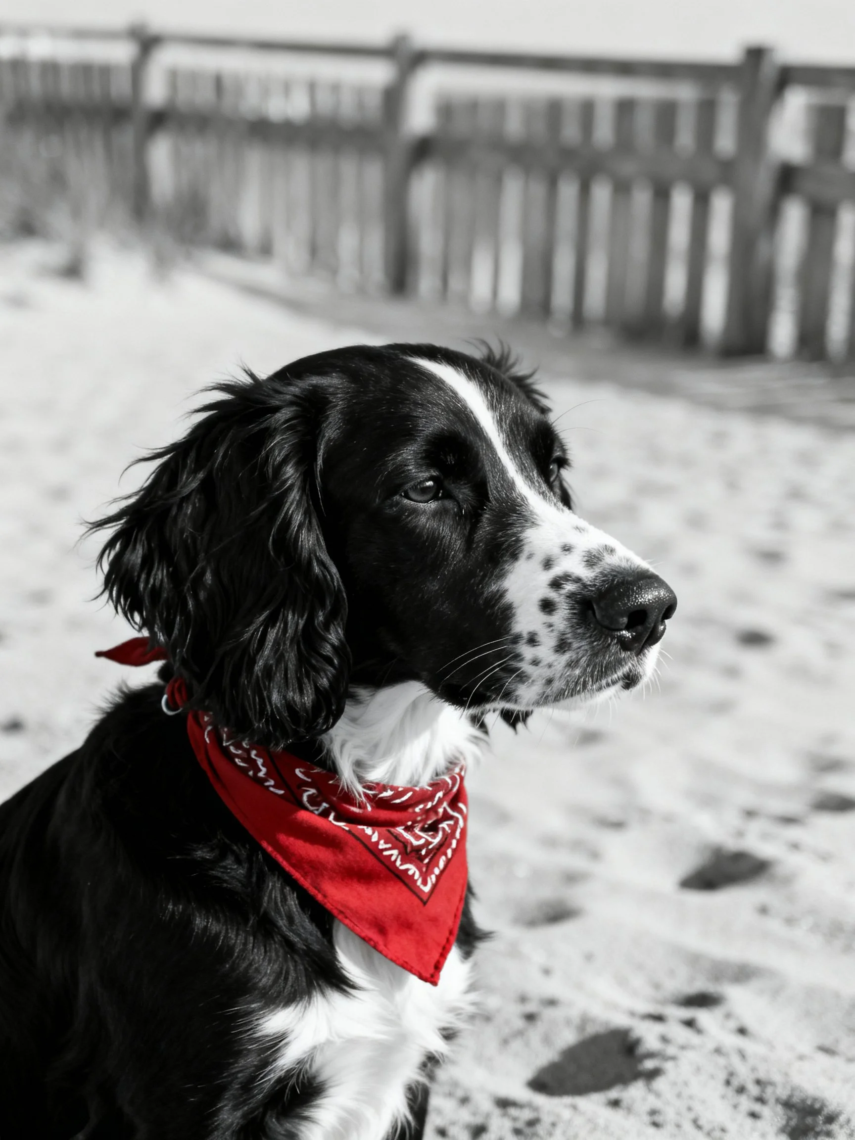 A black and white dog with a red bandana stands on sandy ground near a wooden fence