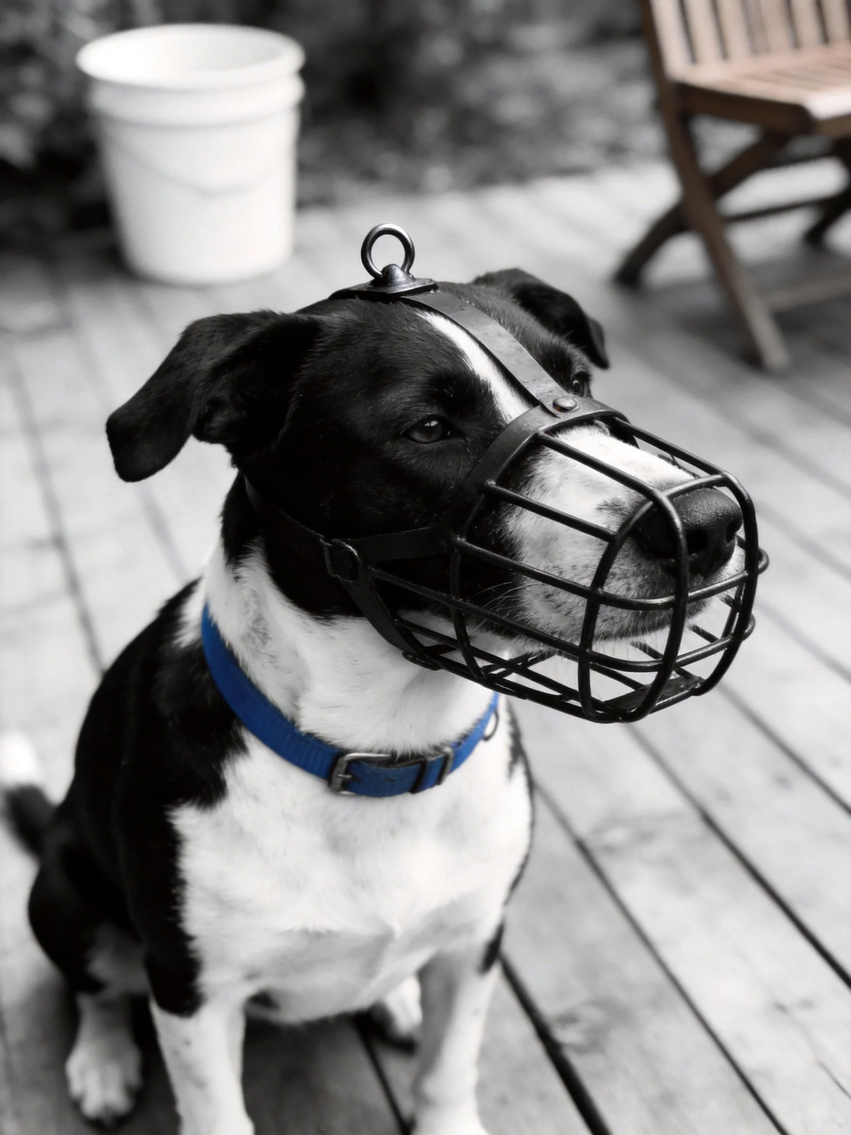 A black and white dog wearing a metal muzzle on a wooden deck