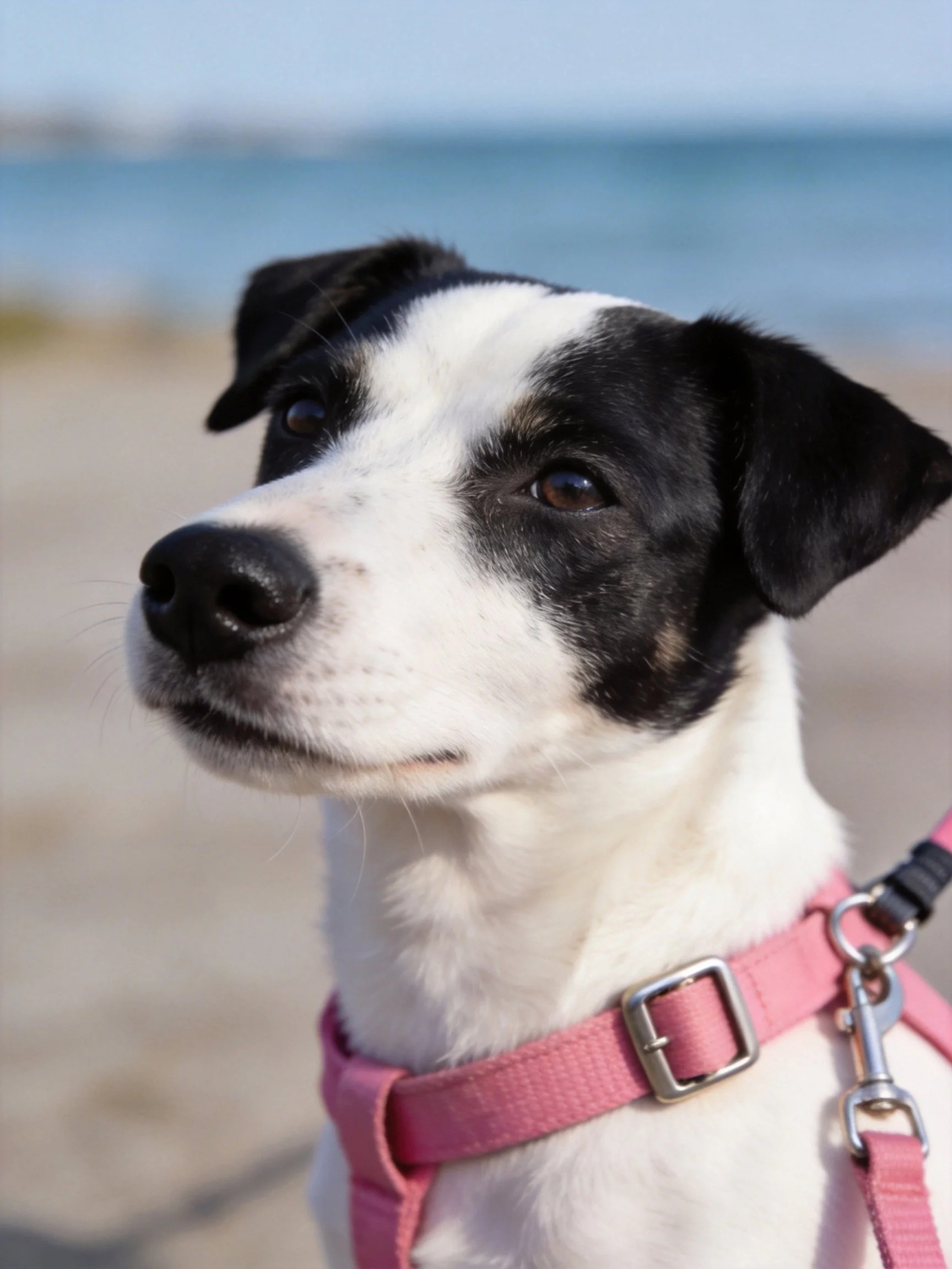 A black - and - white dog with a pink harness is near water.