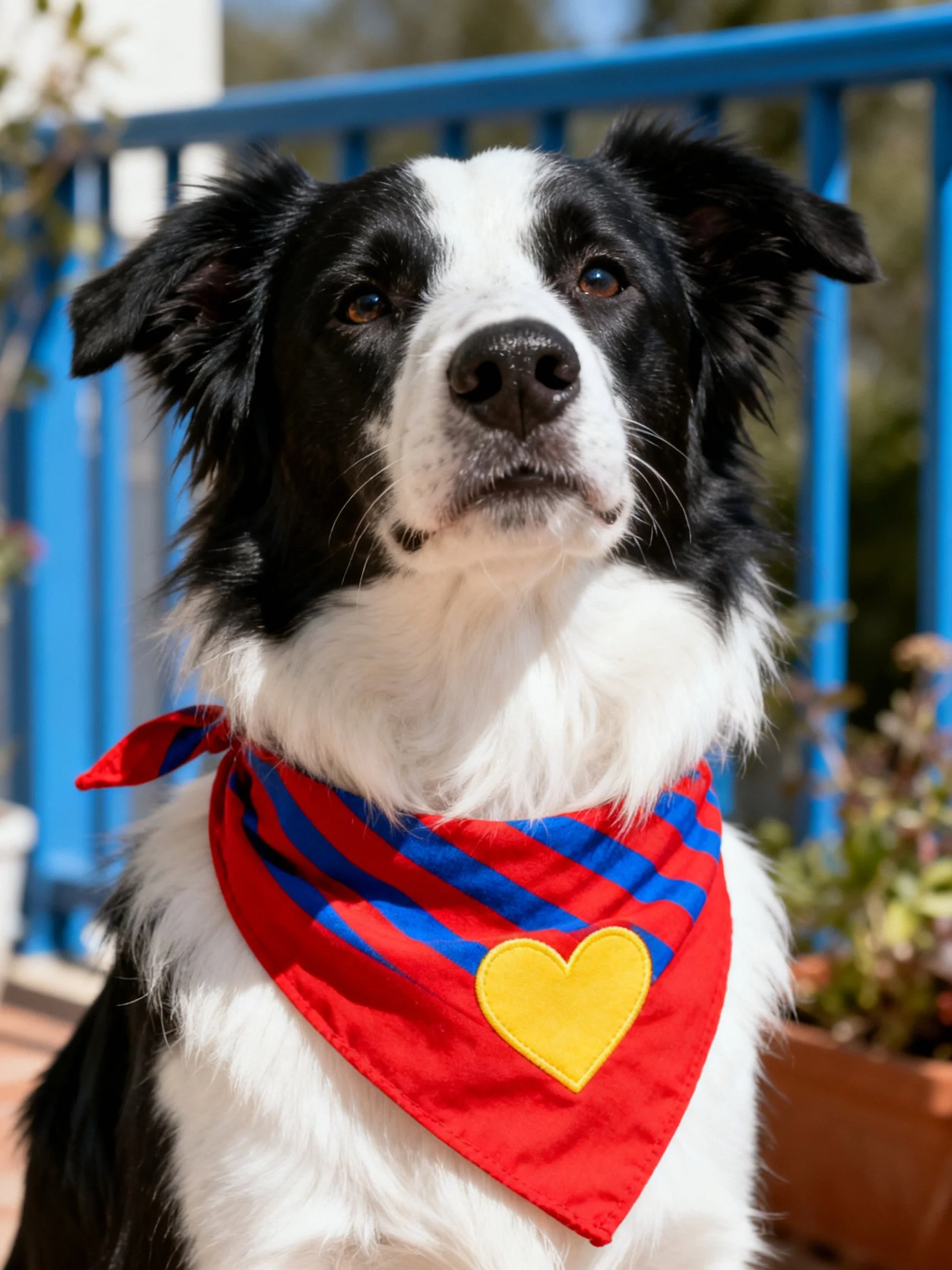 A black and white dog wearing a red and blue striped bandana with a yellow heart