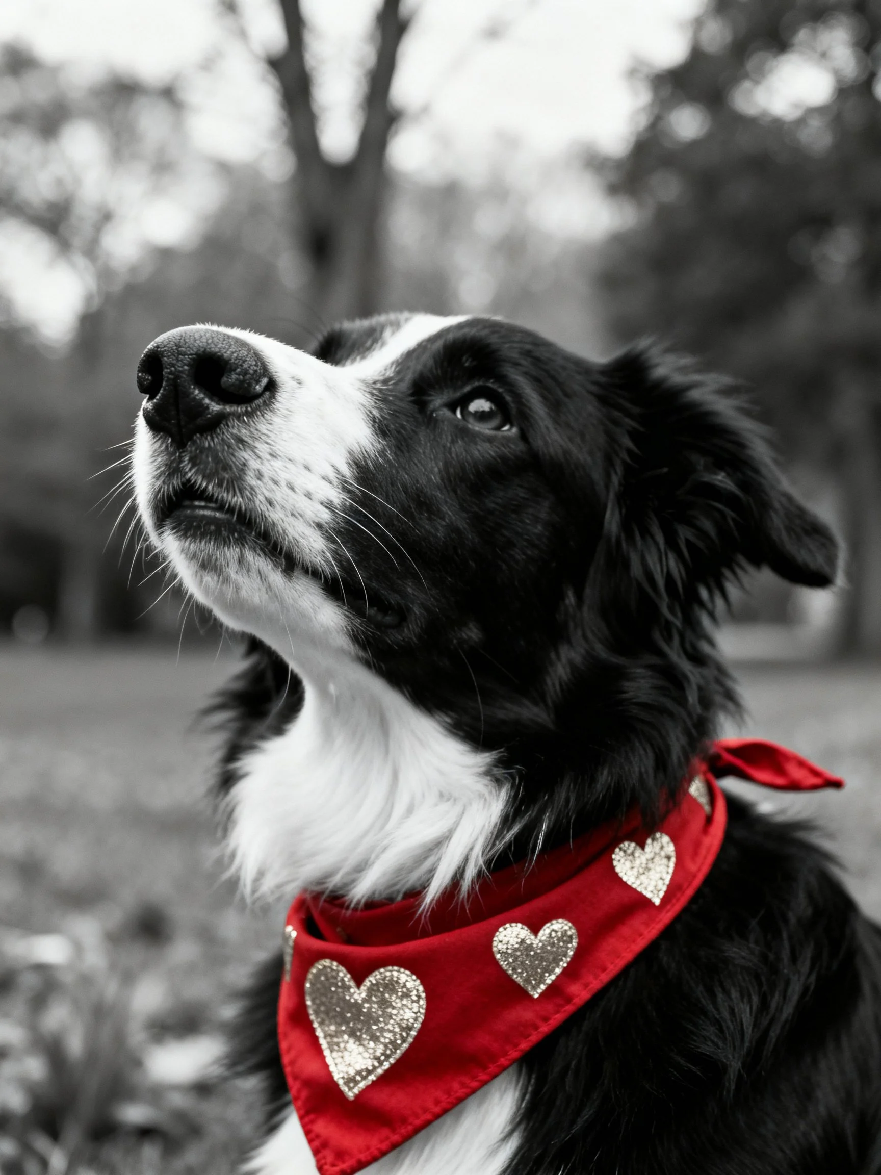 A black and white dog looks upward while wearing a red heart bandana.