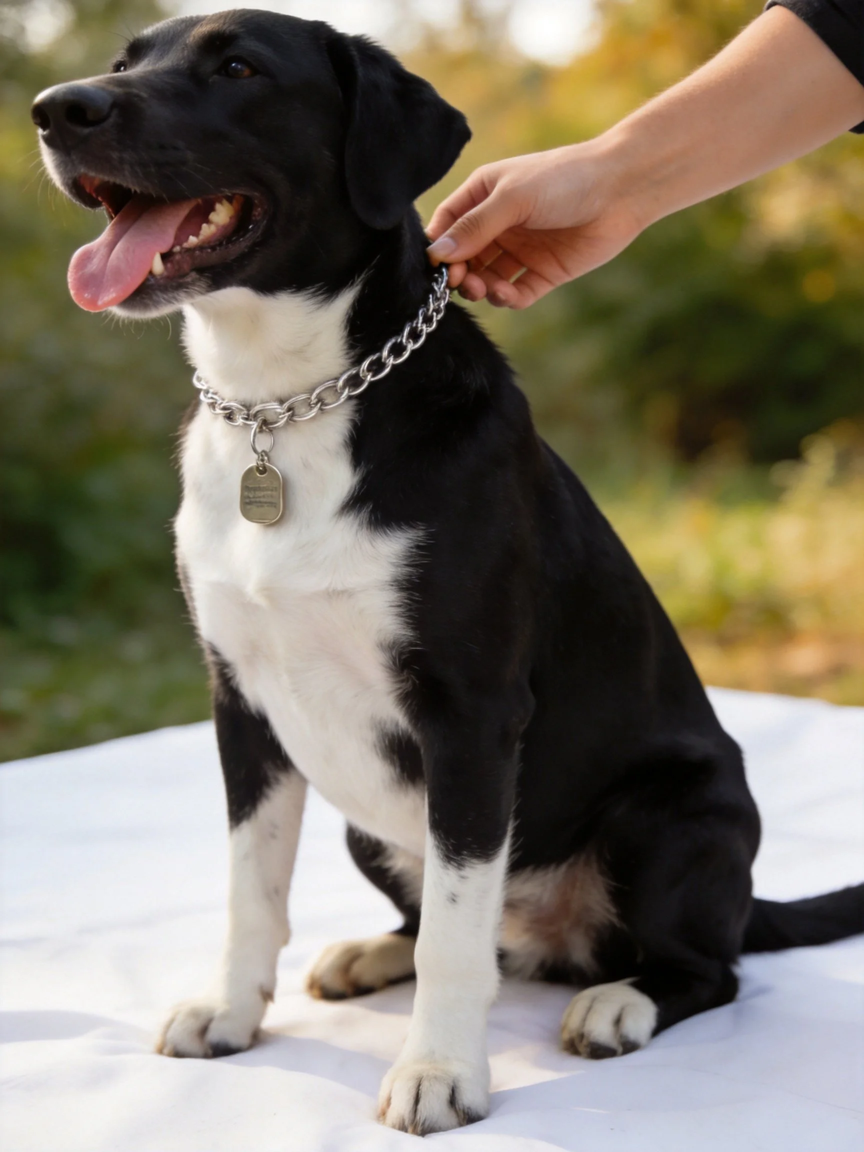 A black and white dog with a silver chain collar sits calmly in an outdoor environment.