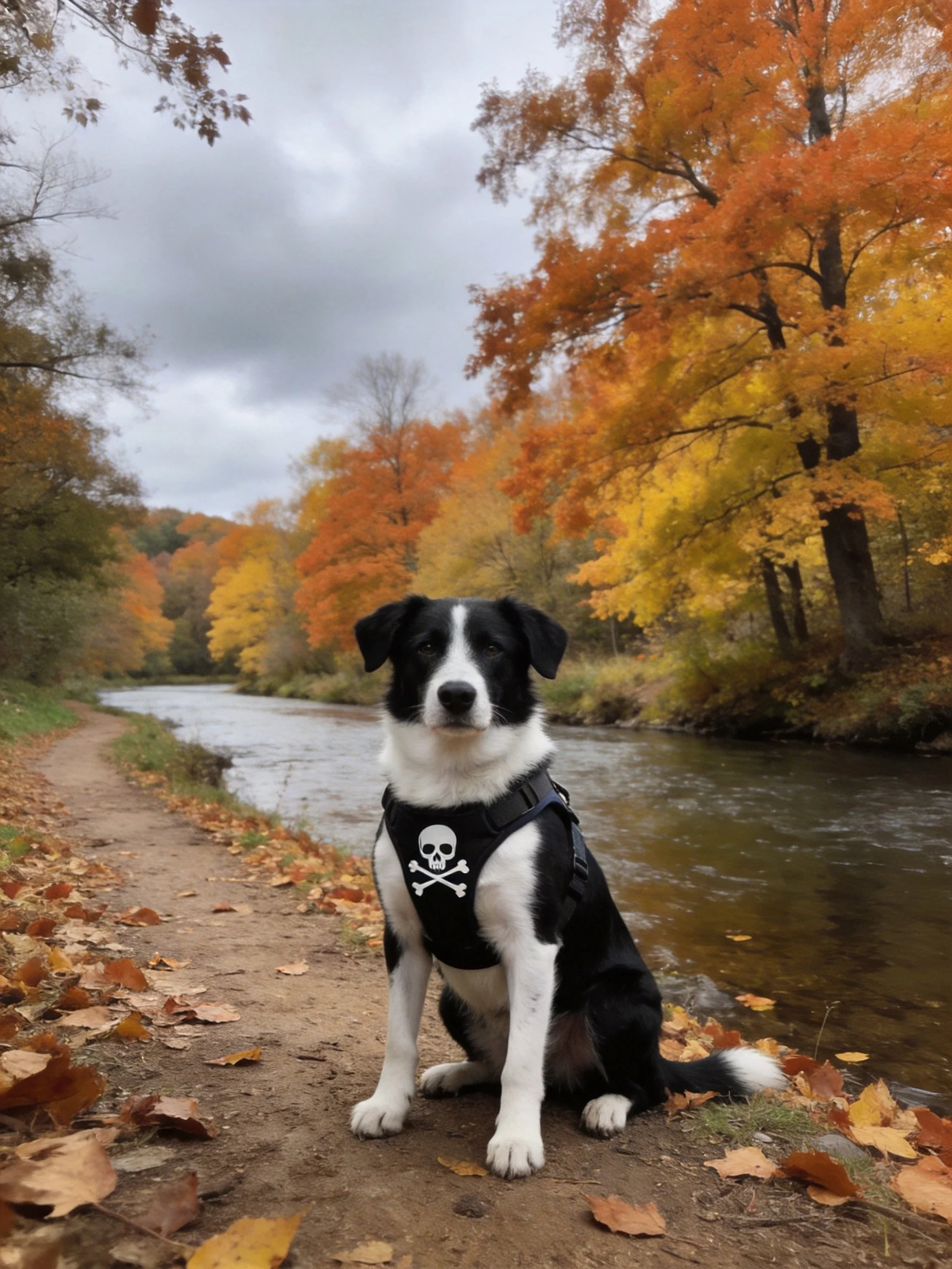 A black and white dog wearing a skull harness sits by an autumn stream