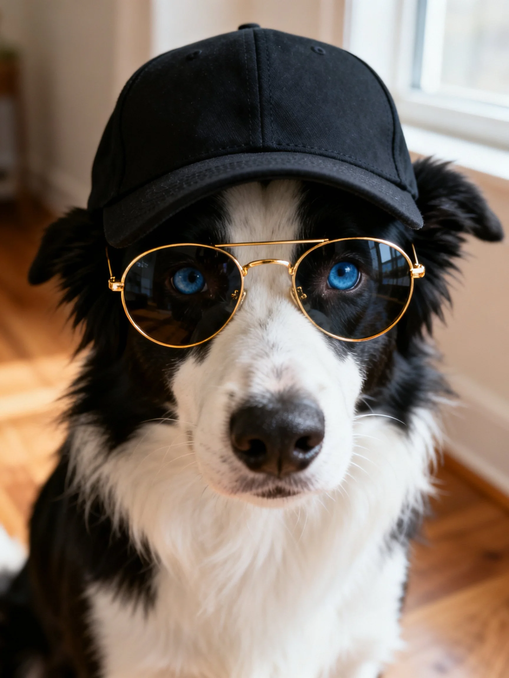 A black - and - white dog wears a black cap and gold sunglasses