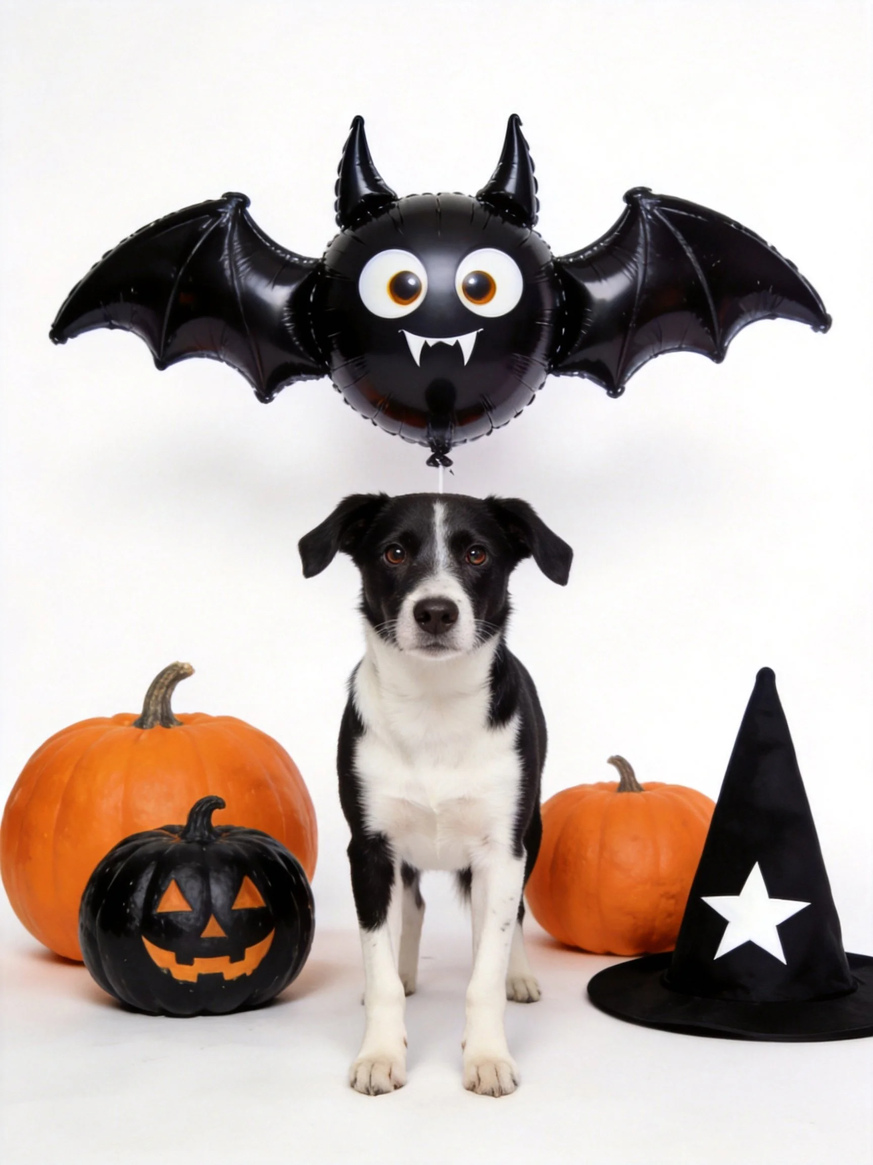 A black and white dog poses among Halloween-themed decorations including a bat balloon, pumpkins, and a witch hat.