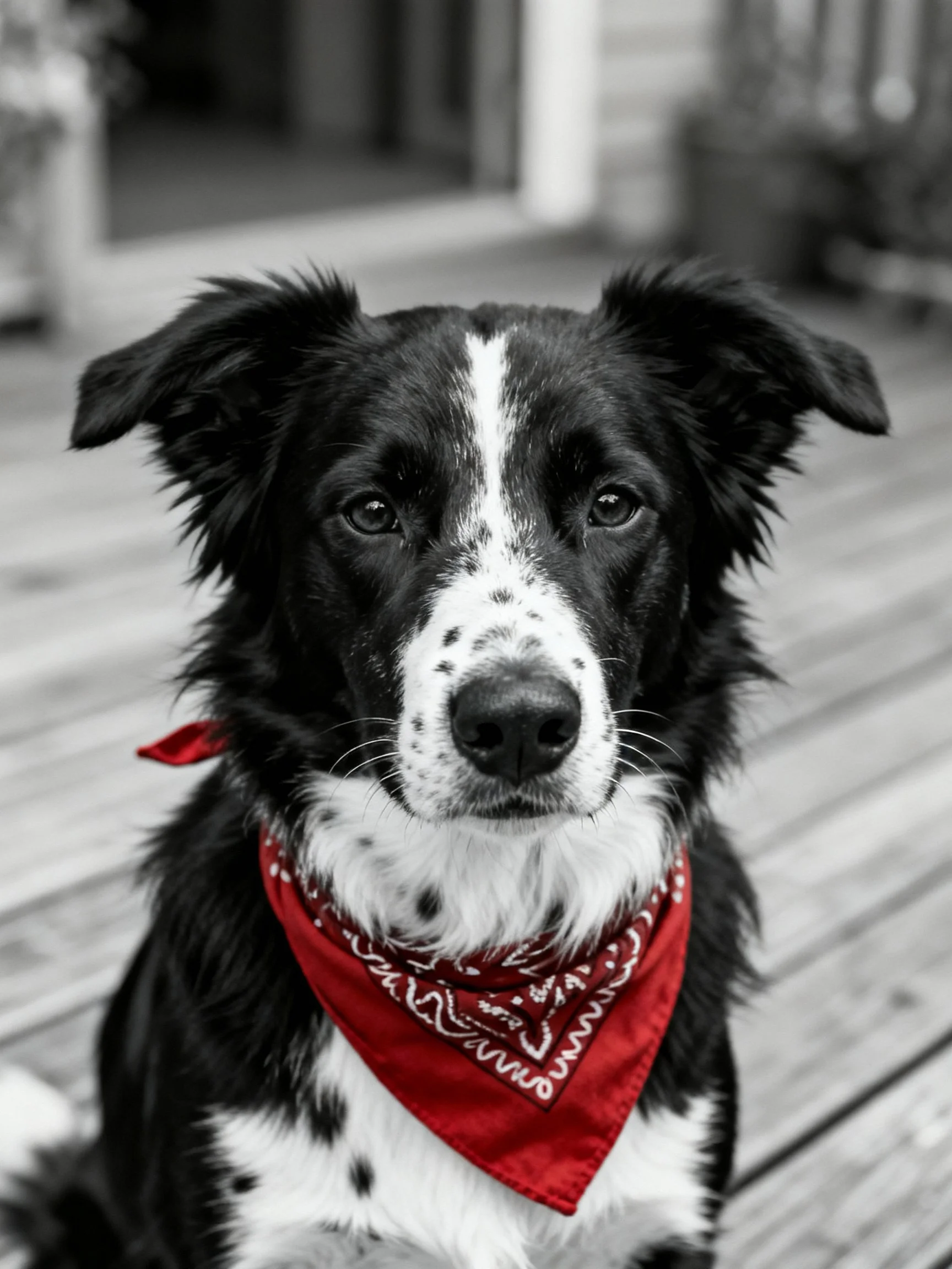 A black and white dog with a bright red bandana