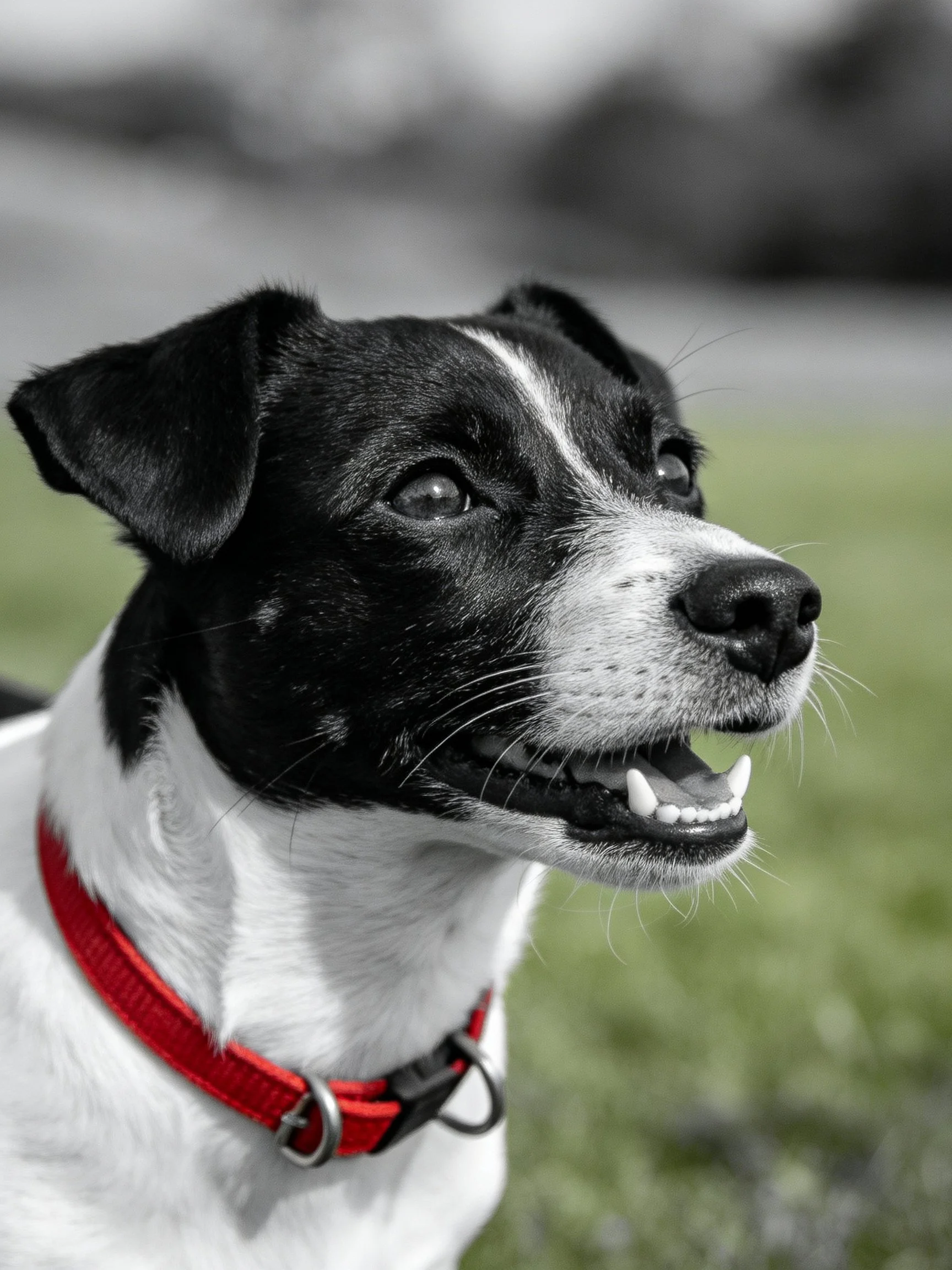 A black and white dog with a red collar is shown outdoors.