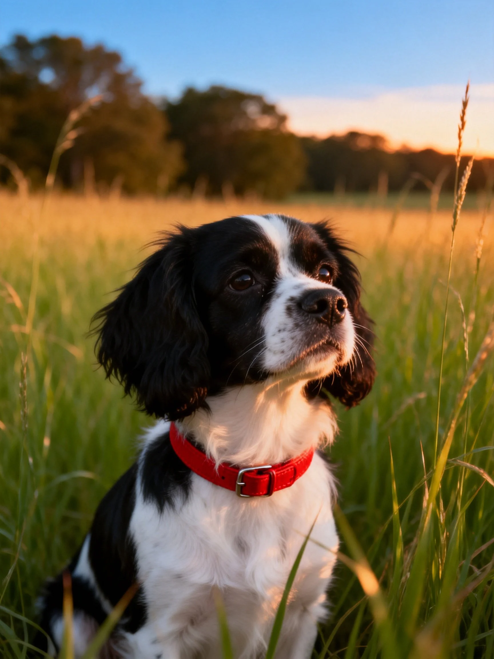 A black and white dog with a red collar sits in tall grass under warm evening light.