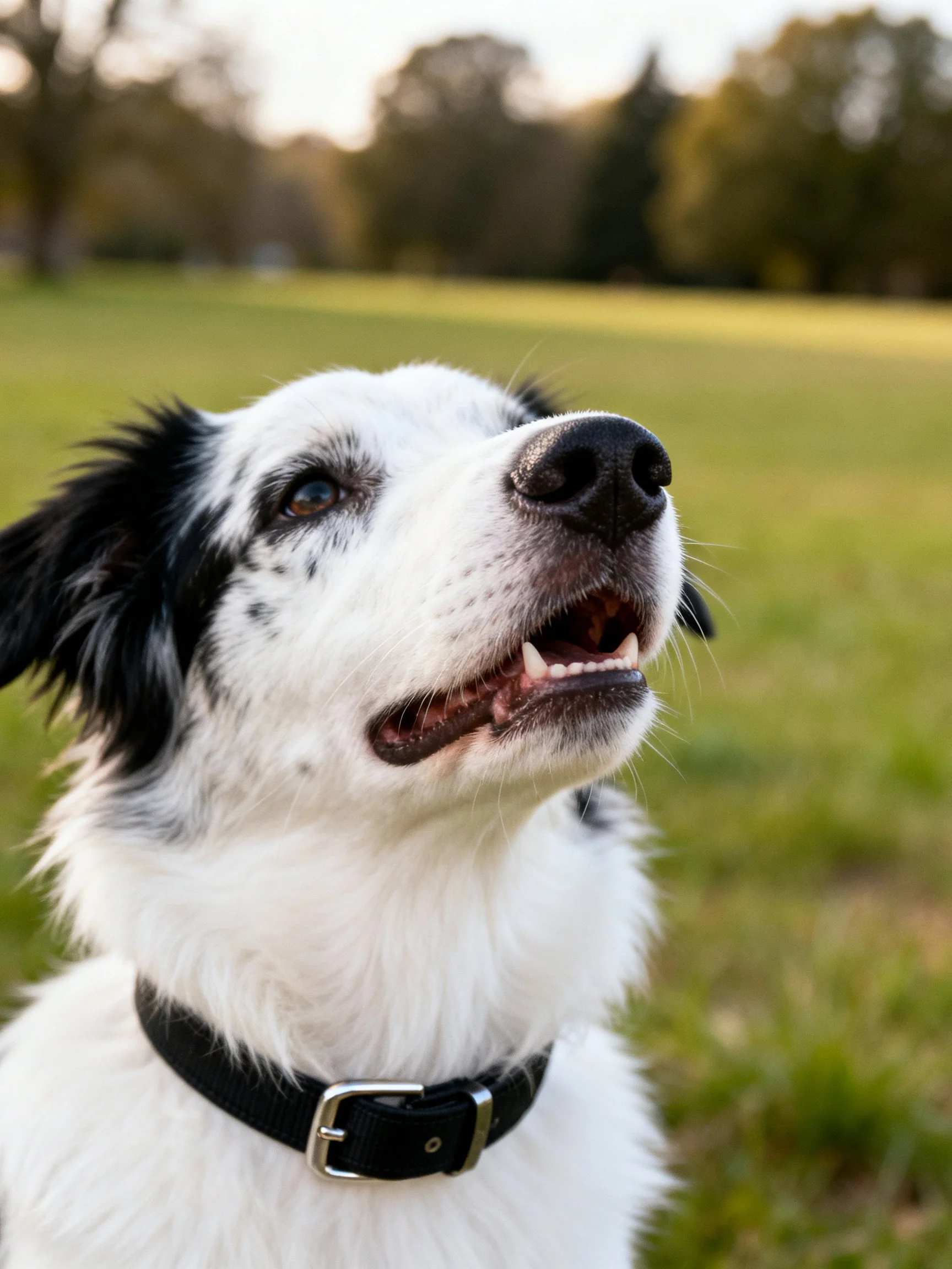 A black and white dog with a collar in a sunlit grassy field
