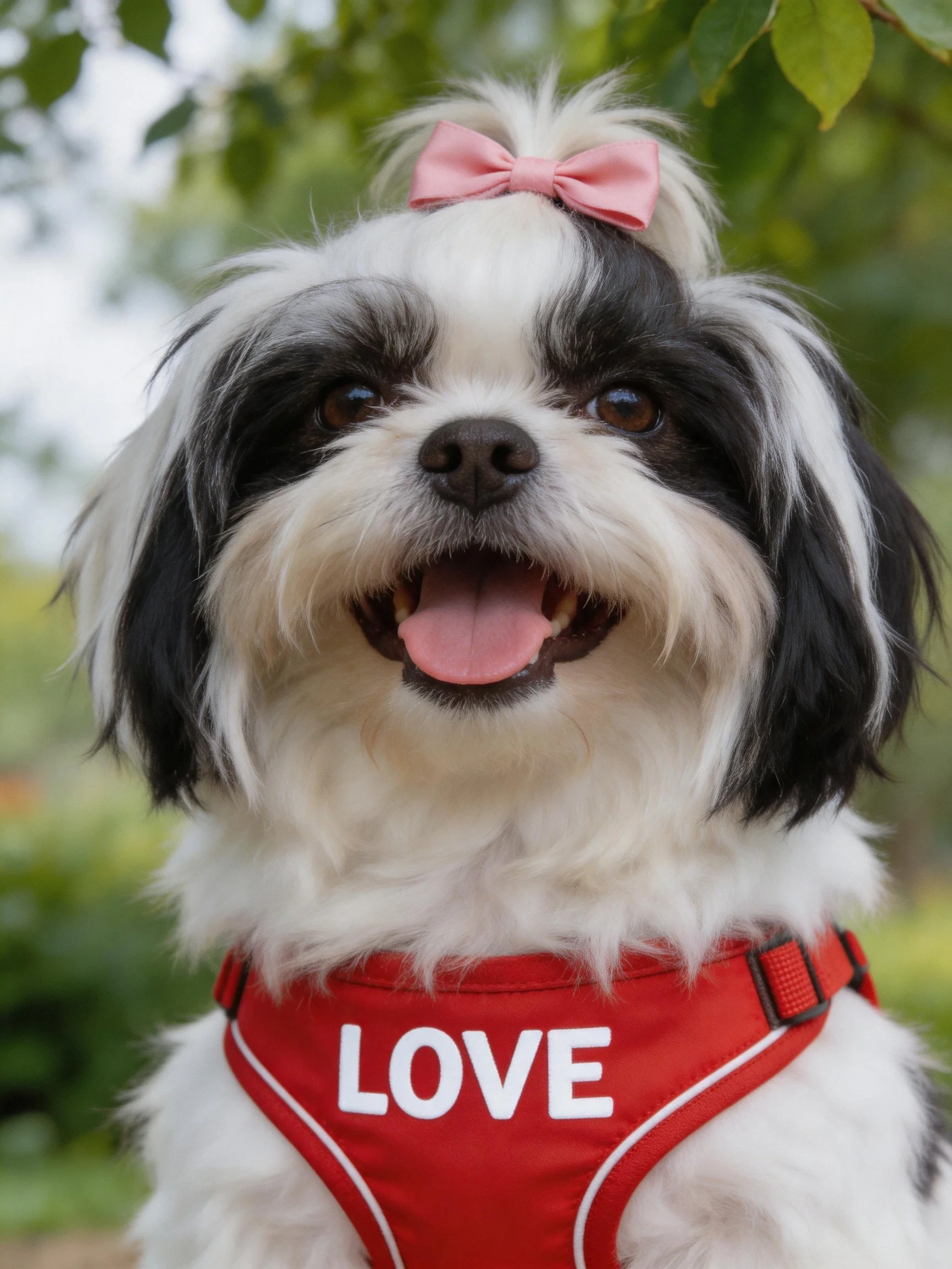 A cheerful black and white dog with a pink bow wears a red LOVE harness outdoors.
