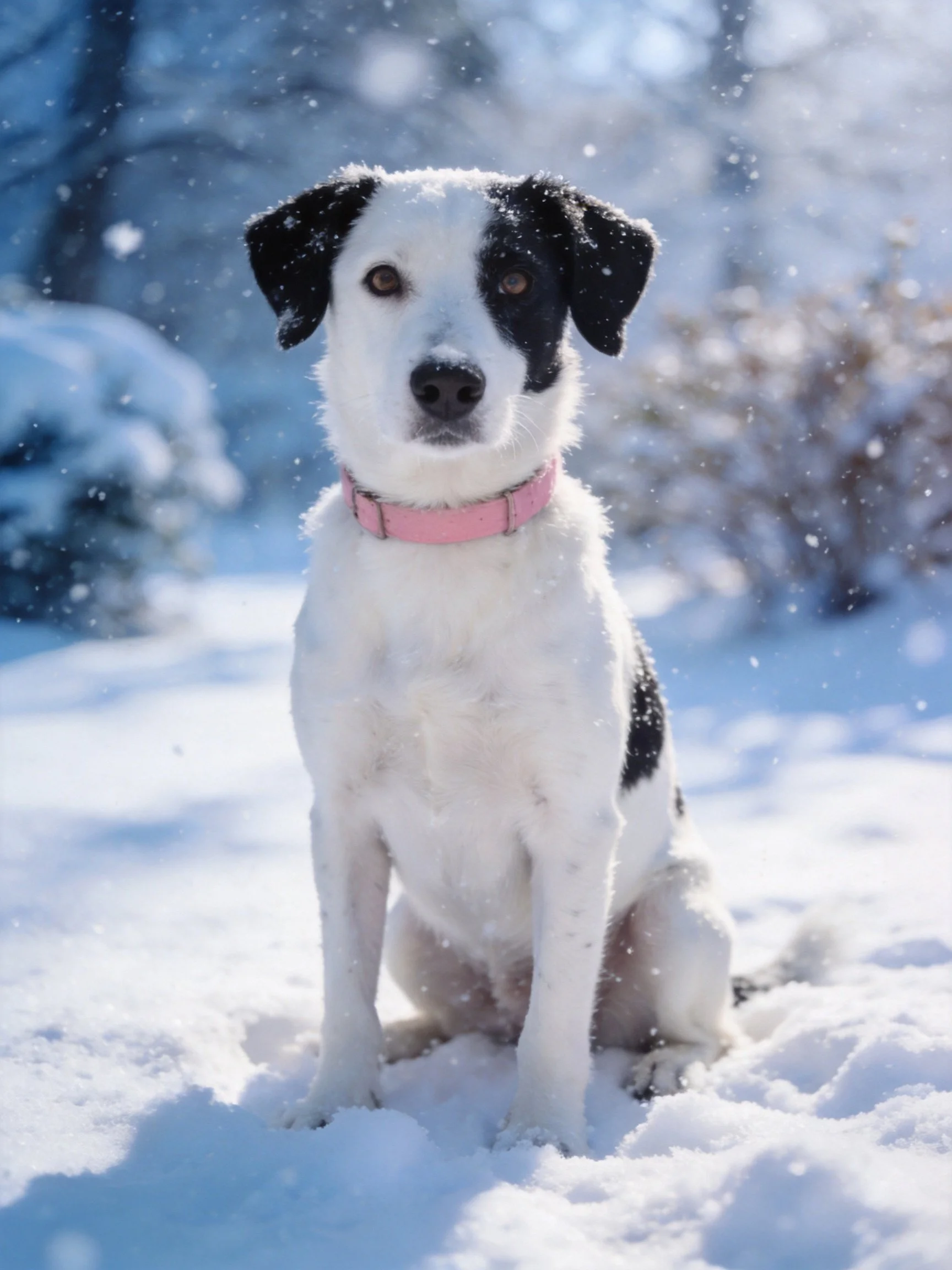 A black-and-white dog with a pink collar sits quietly amid falling snow