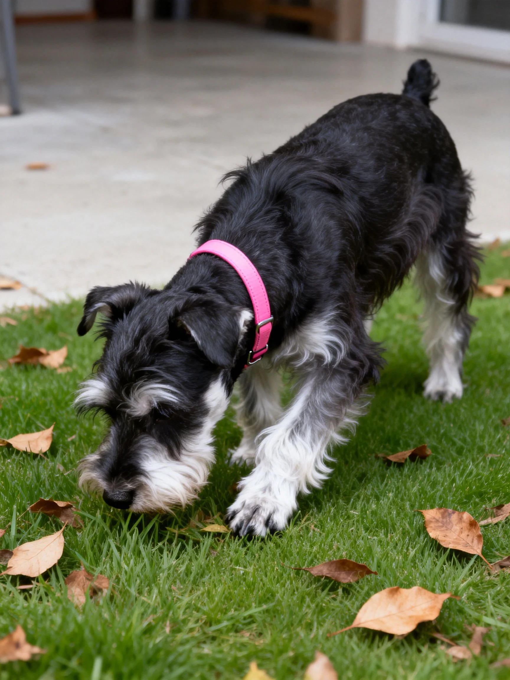 A black and white dog explores a grassy area with scattered autumn leaves