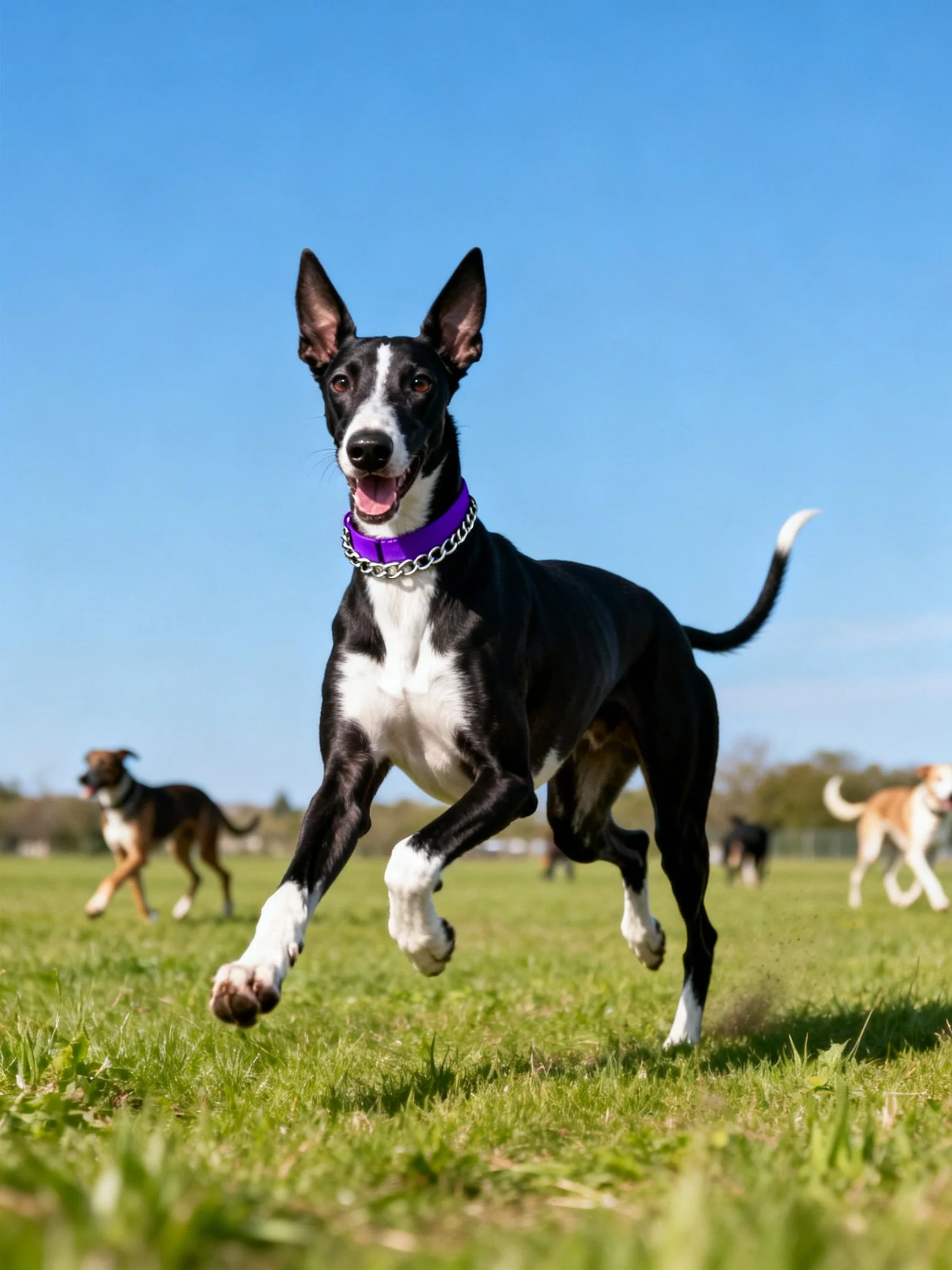 A black and white dog with a purple collar runs energetically in a sunny grassy park