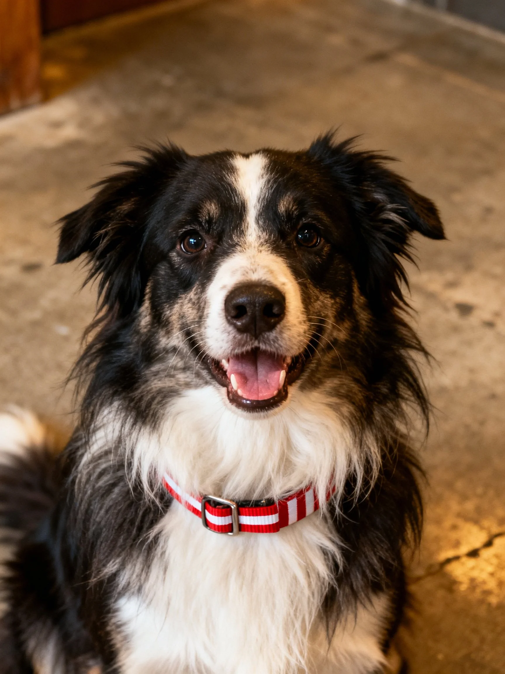 A black and white dog with a red collar sits happily on a concrete floor.