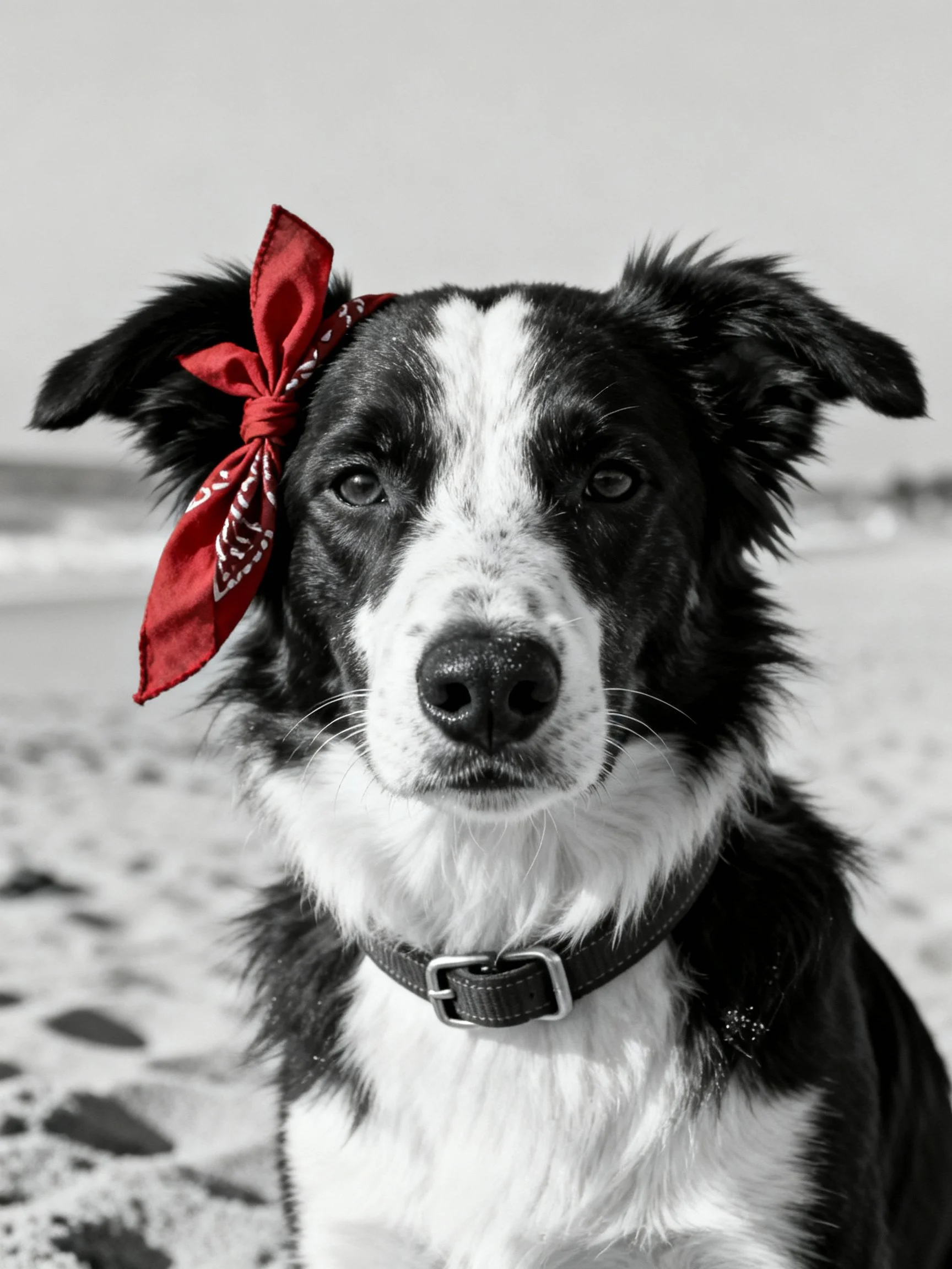 A black and white dog with a red bandana stands on a sandy beach.
