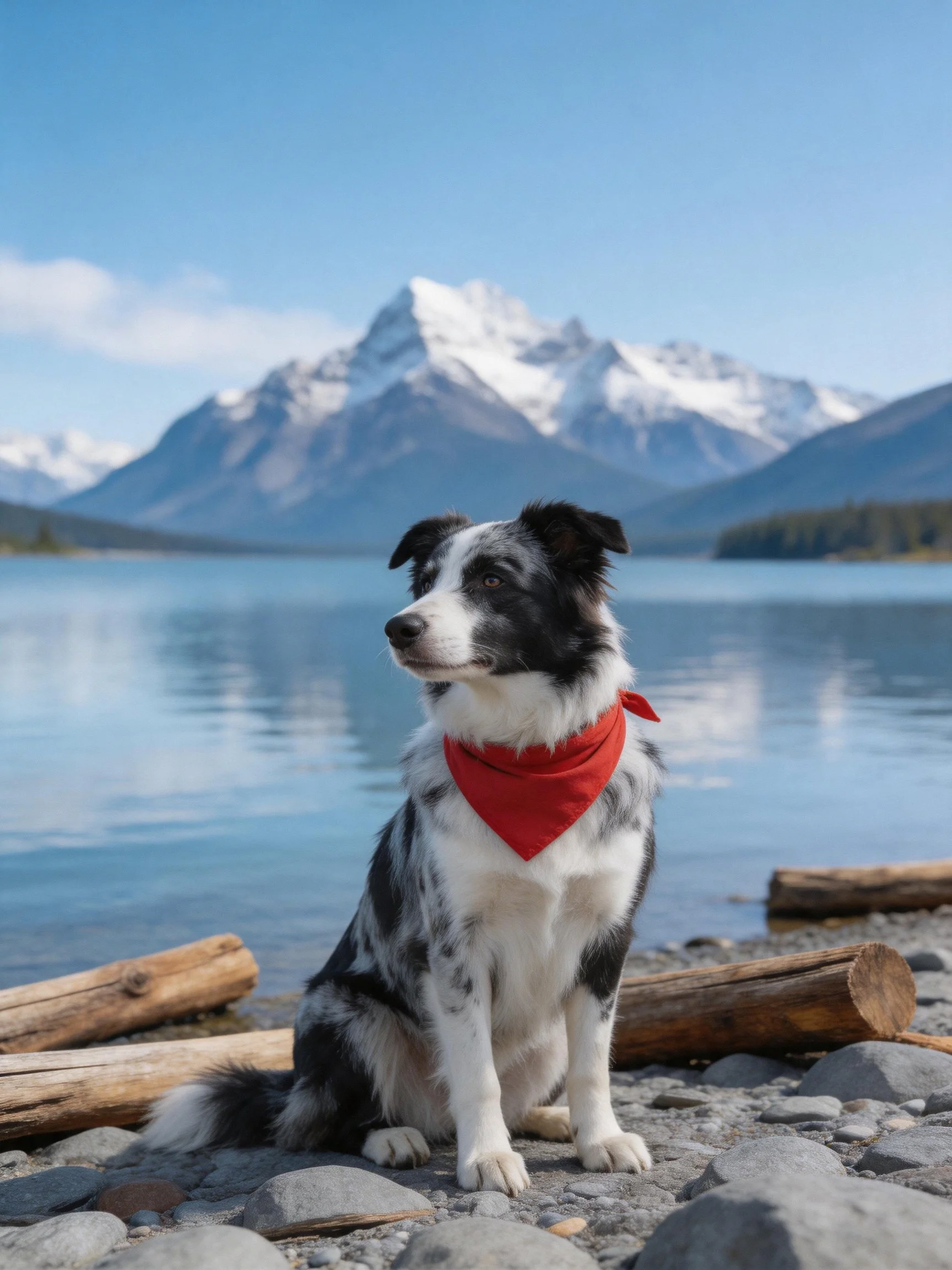 A dog with a red bandana sits by a lake near snow-capped mountains