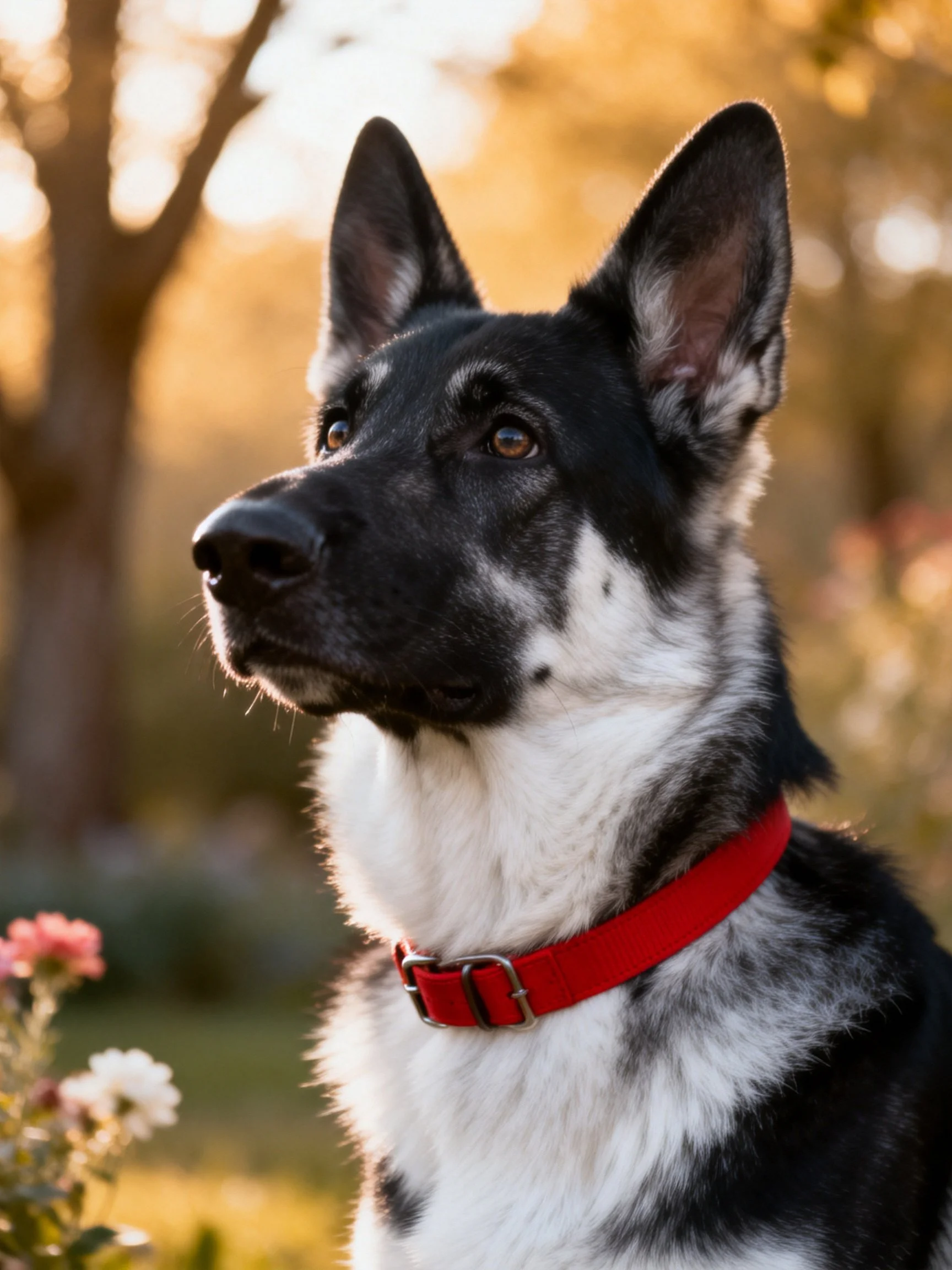 A black and white dog with a red collar looks attentively in a sunlit outdoor area.