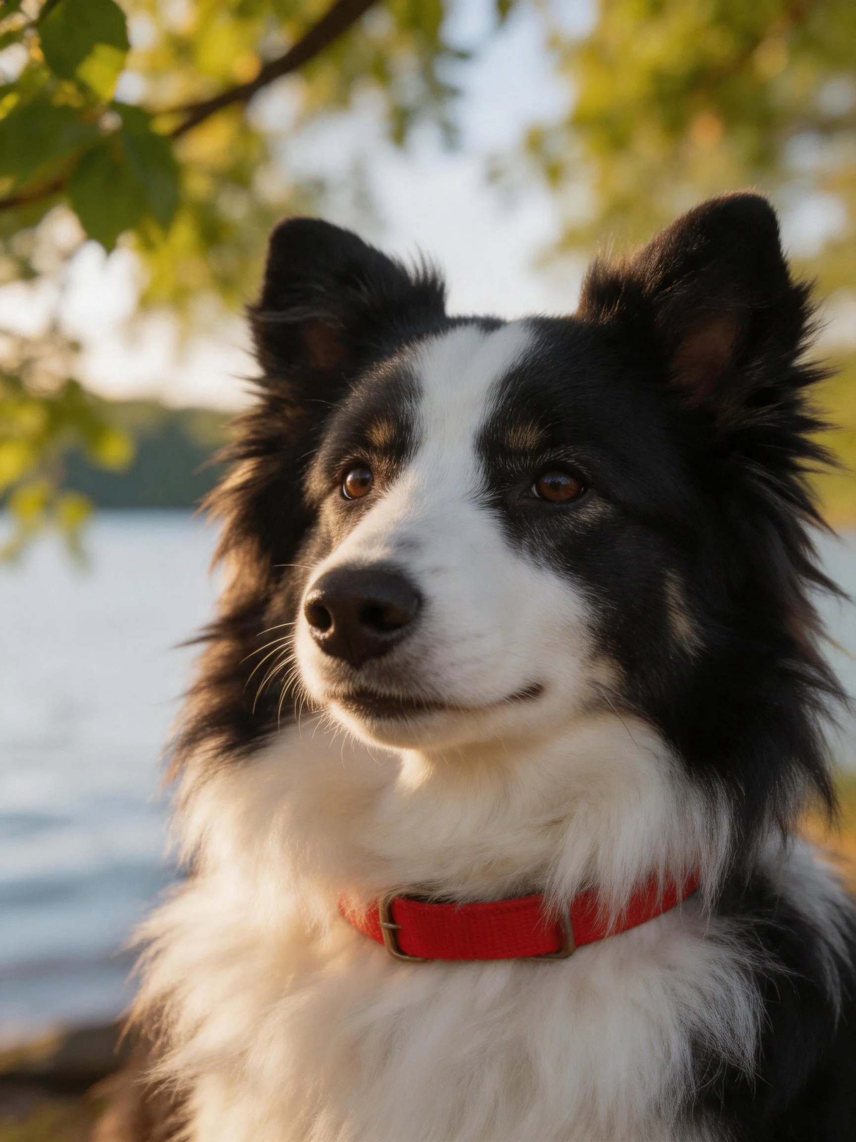 A black and white dog with a red collar stands near a calm lake.