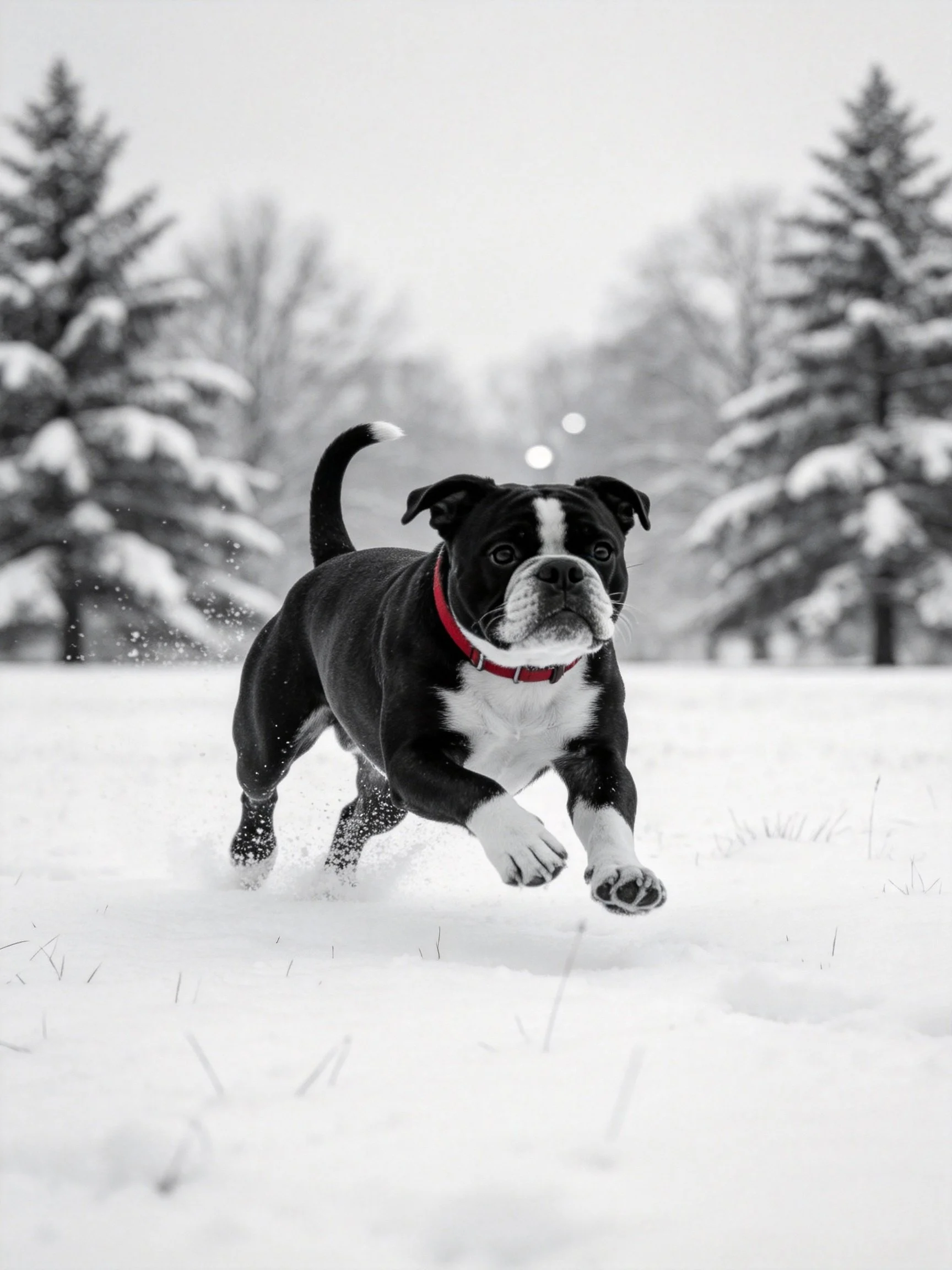 A black and white dog with a red collar runs energetically through deep snow.