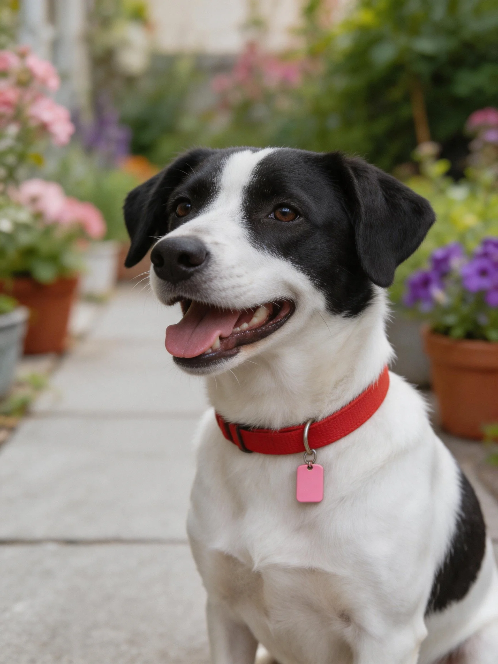 A black - and - white dog with a red collar sits near potted flowers outdoors