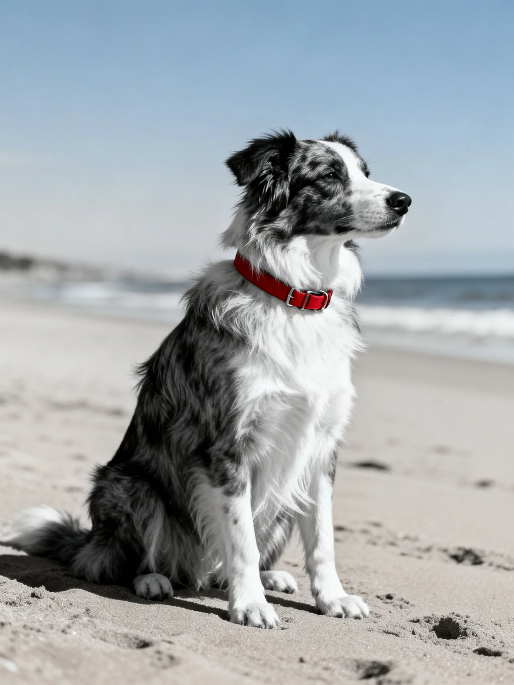 A black - and - white dog with a red collar sits on a sandy beach near the ocean.