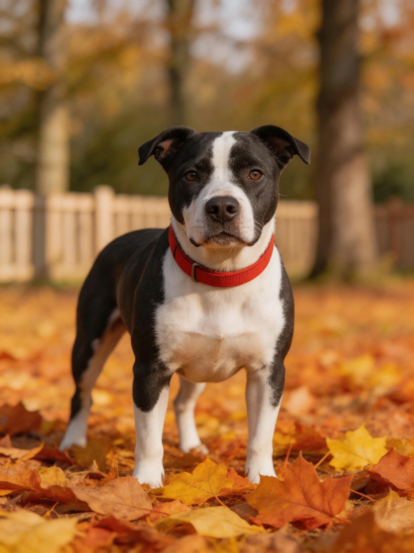 A black and white dog with a red collar stands amid colorful autumn foliage.