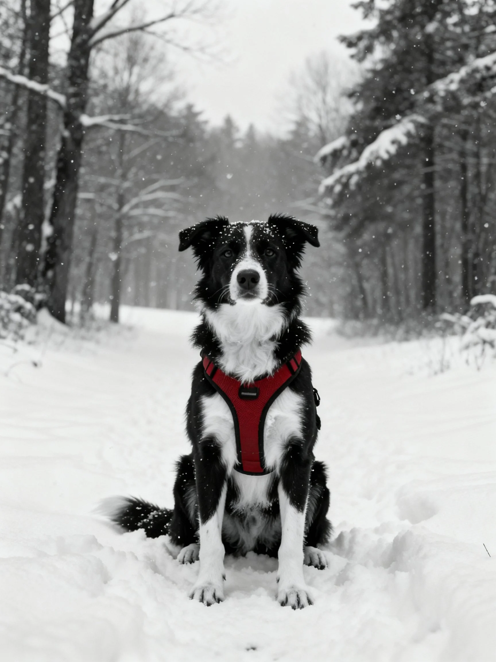 A black and white dog with a red harness sits on a snowy forest path among trees.