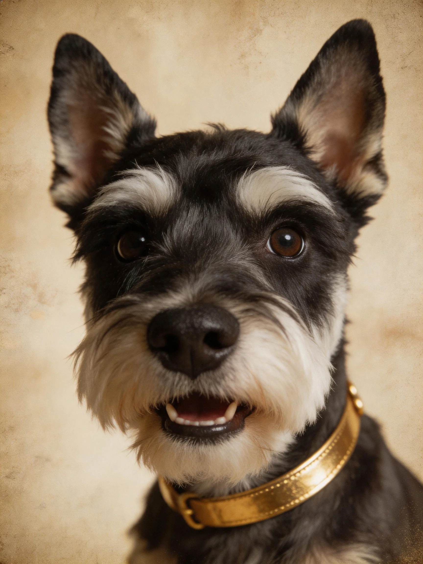 A black and white dog with a golden collar is photographed against a neutral backdrop.