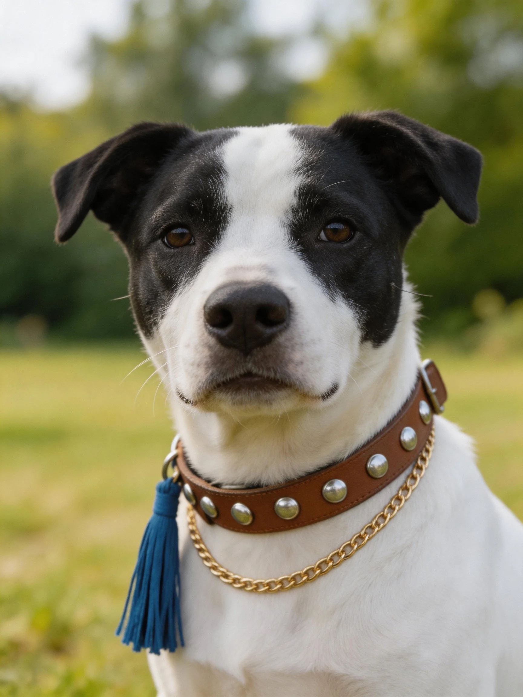 A black and white dog sits outdoors wearing a decorative collar.