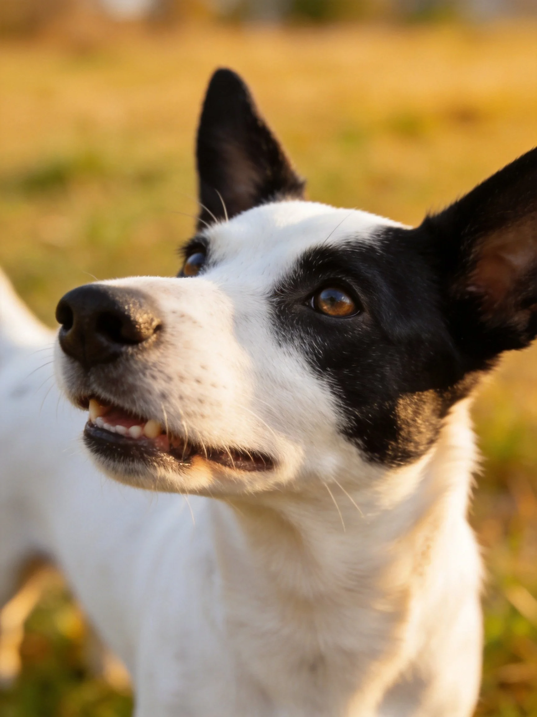 A black-and-white dog with an alert expression outdoors