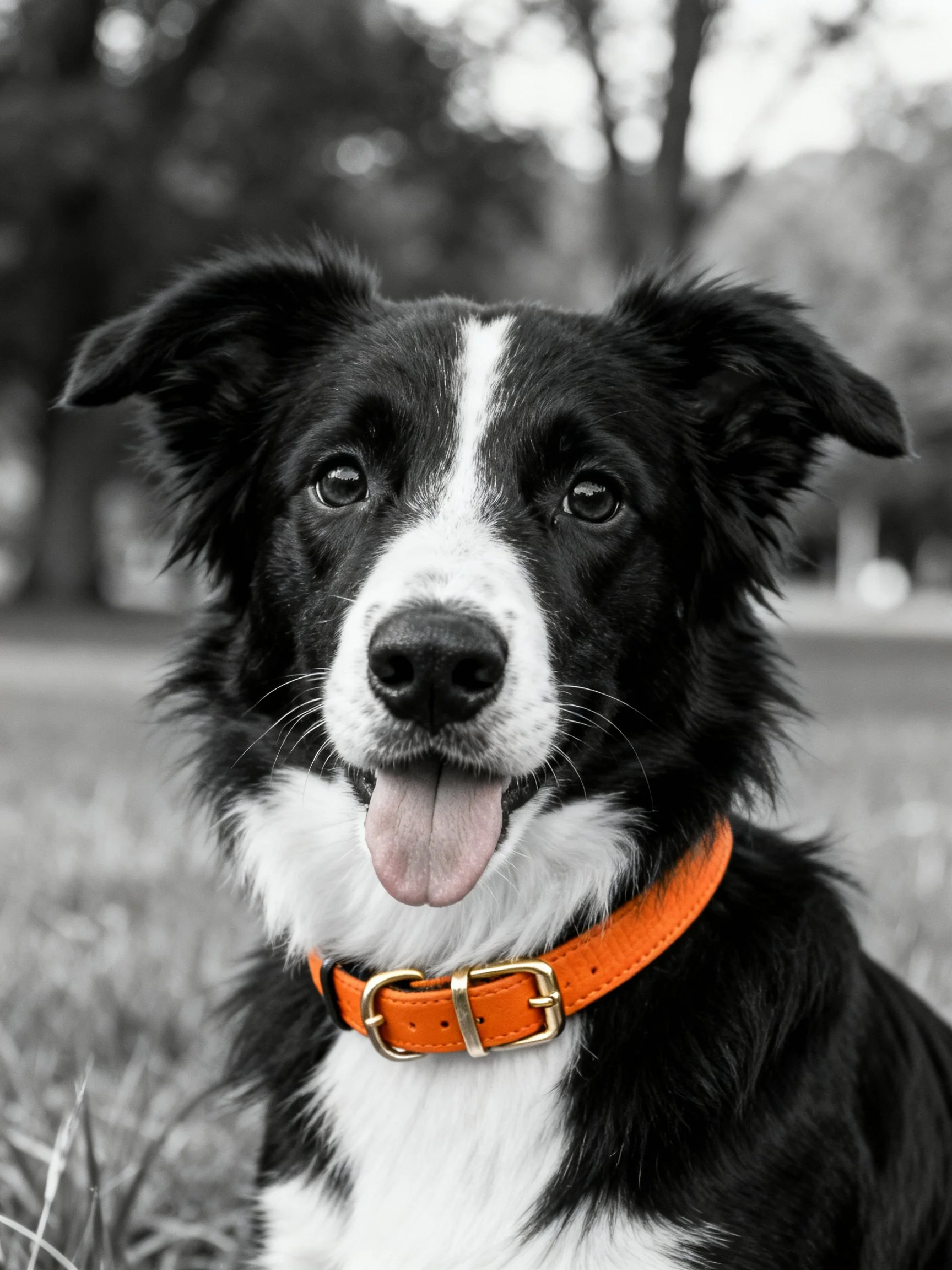 A black and white dog with an orange collar outdoors