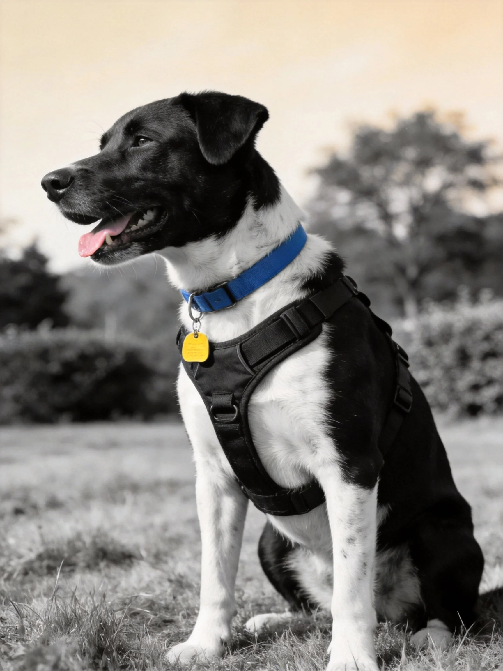 A black and white dog in a harness sits peacefully outside.