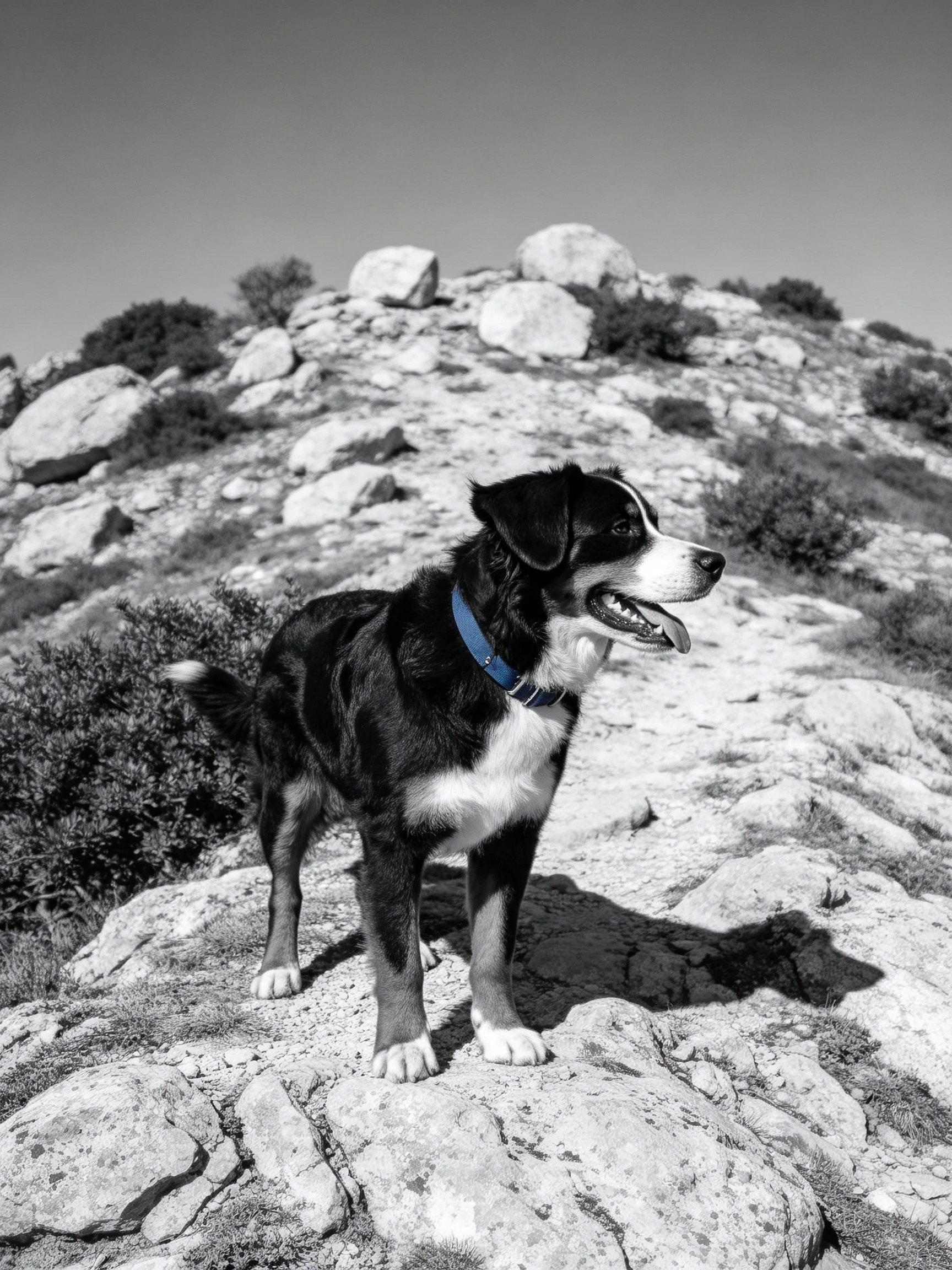 A black and white dog with a blue collar stands on a rocky hillside landscape.