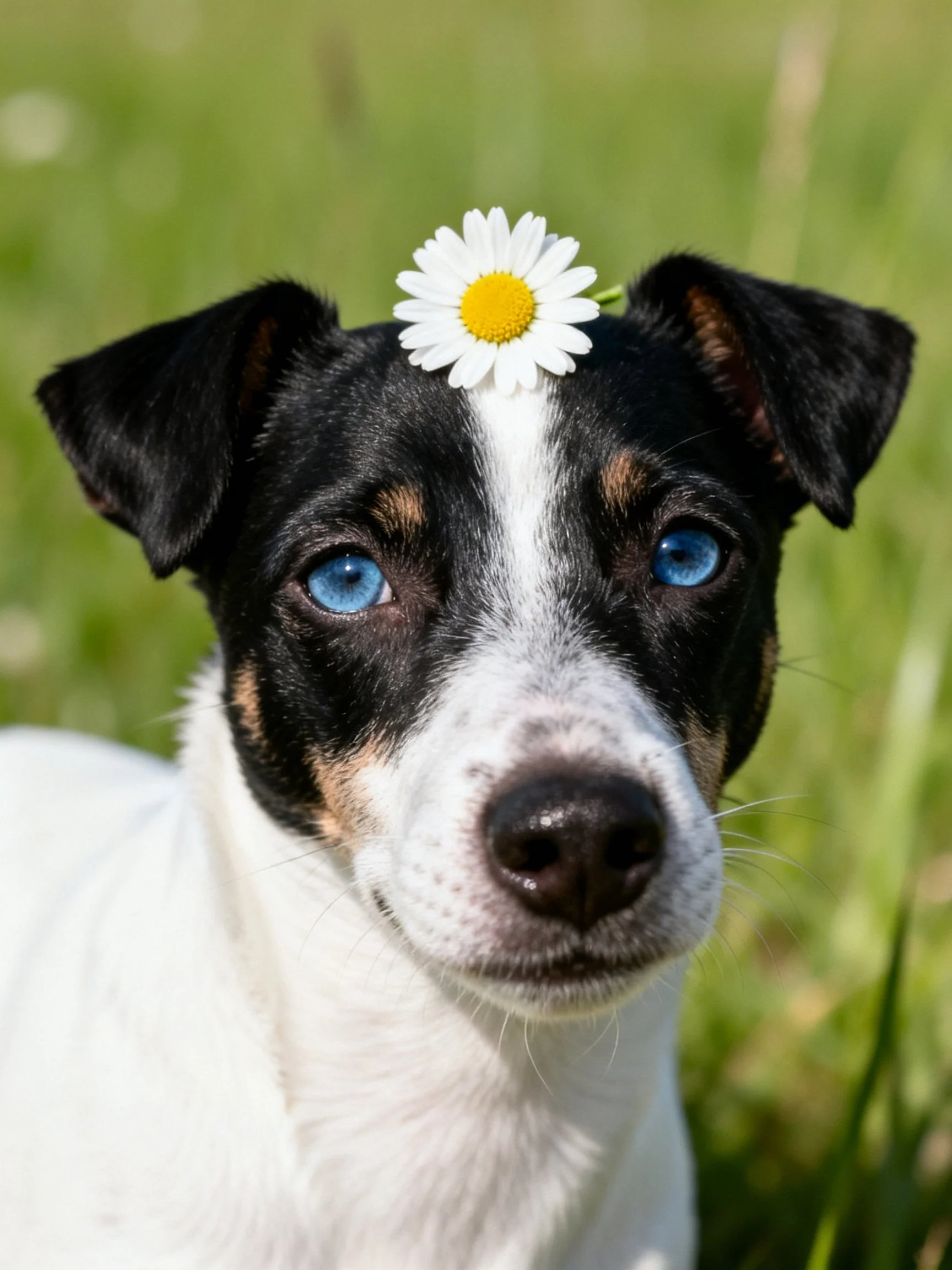 A small dog with blue eyes has a daisy on its head amid green grass.