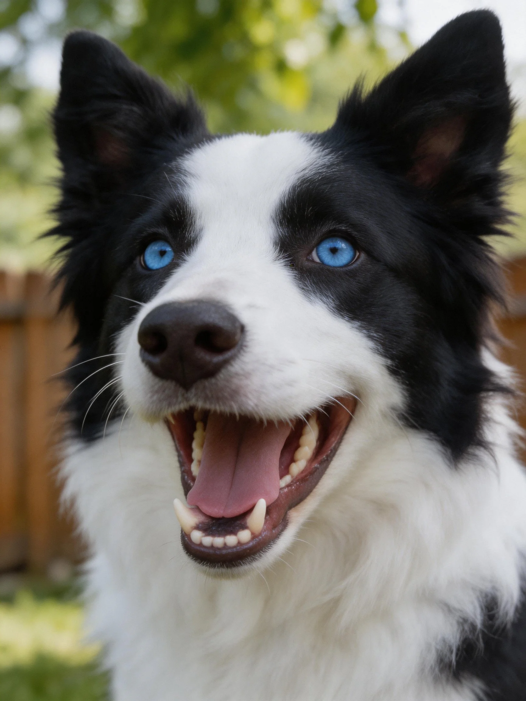 A black and white dog with bright blue eyes smiling outdoors