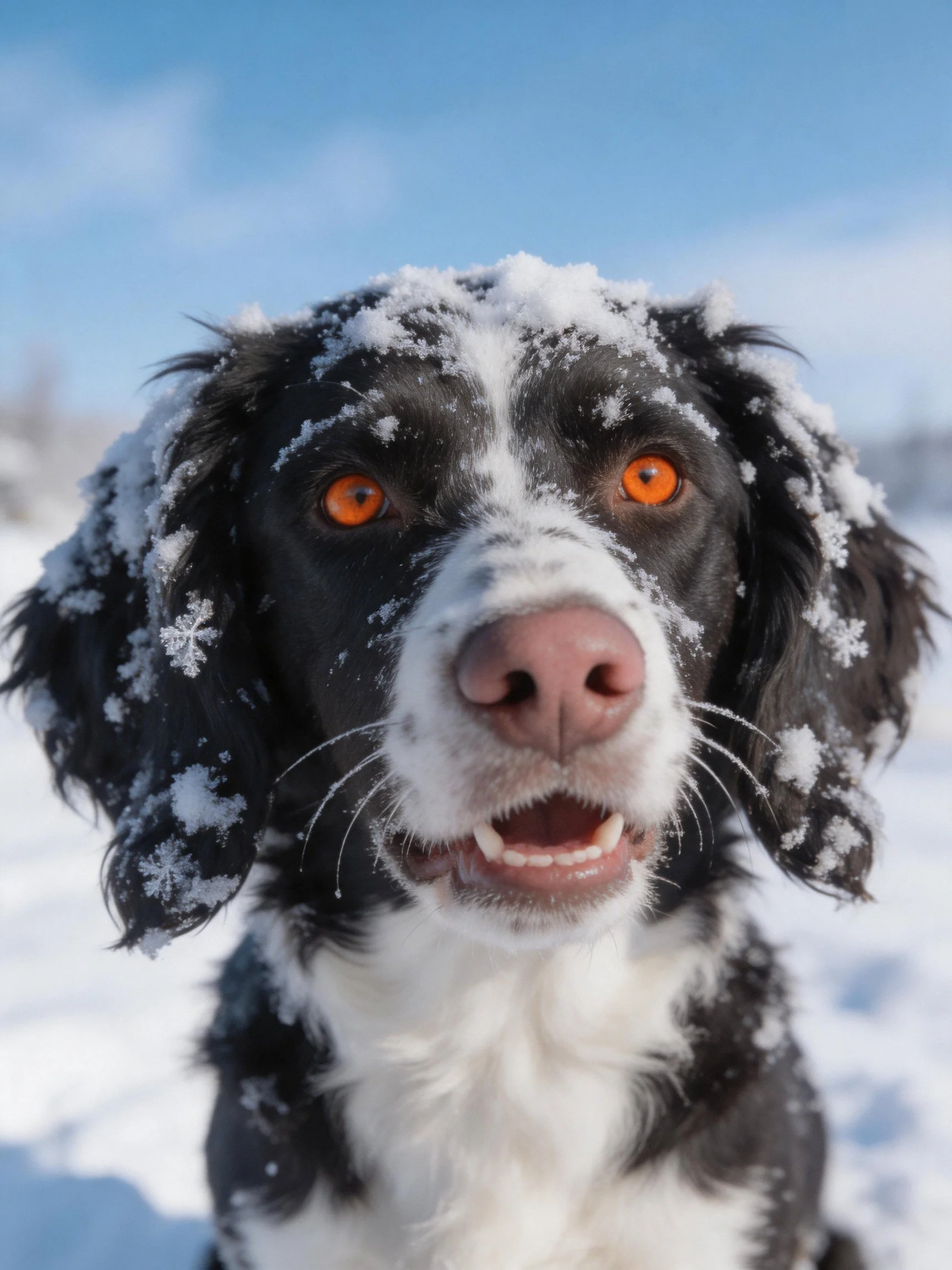A black-and-white dog with orange eyes stands in snow, looking directly at the camera.