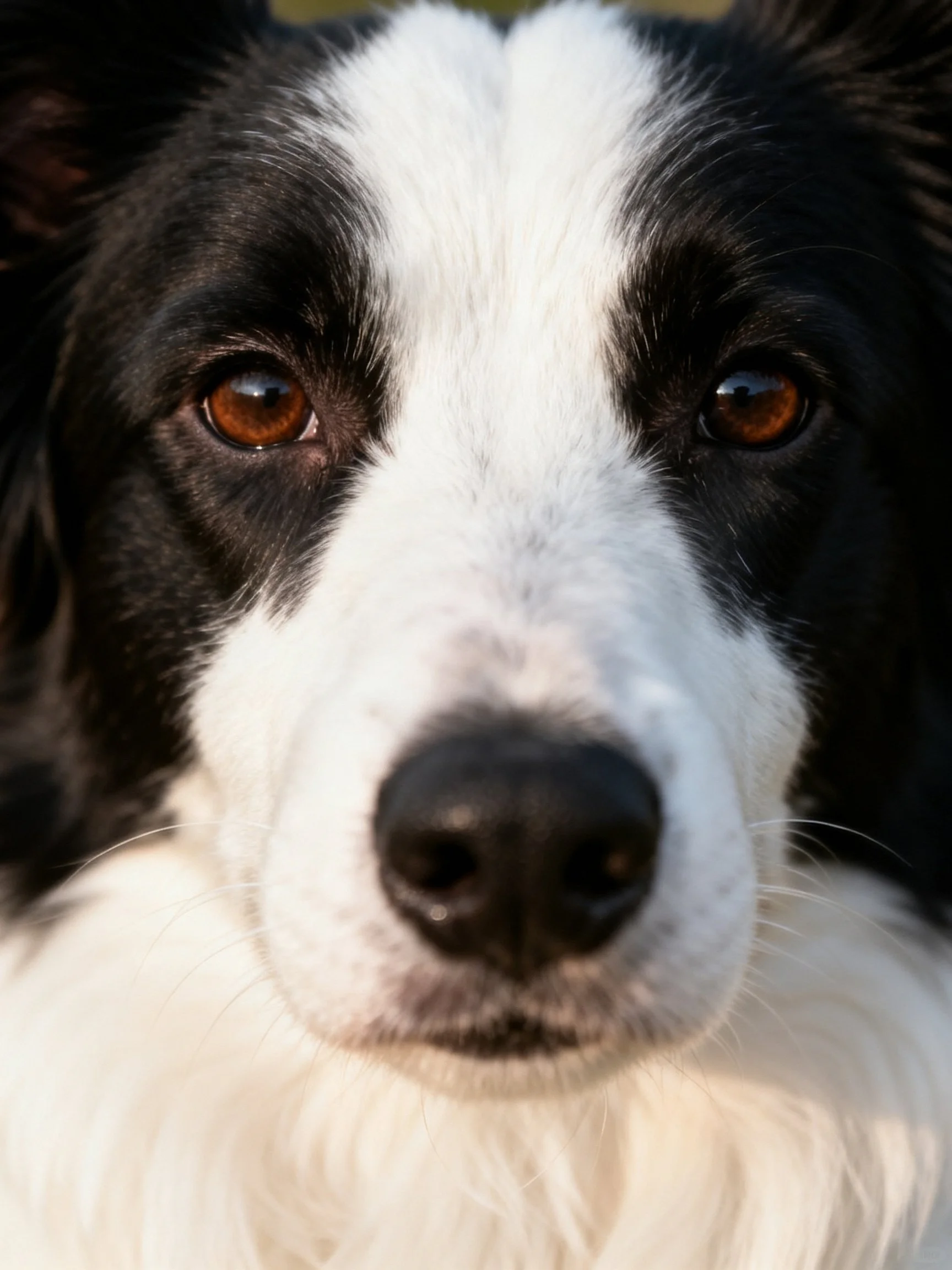 A black and white dog with brown eyes is photographed up close.
