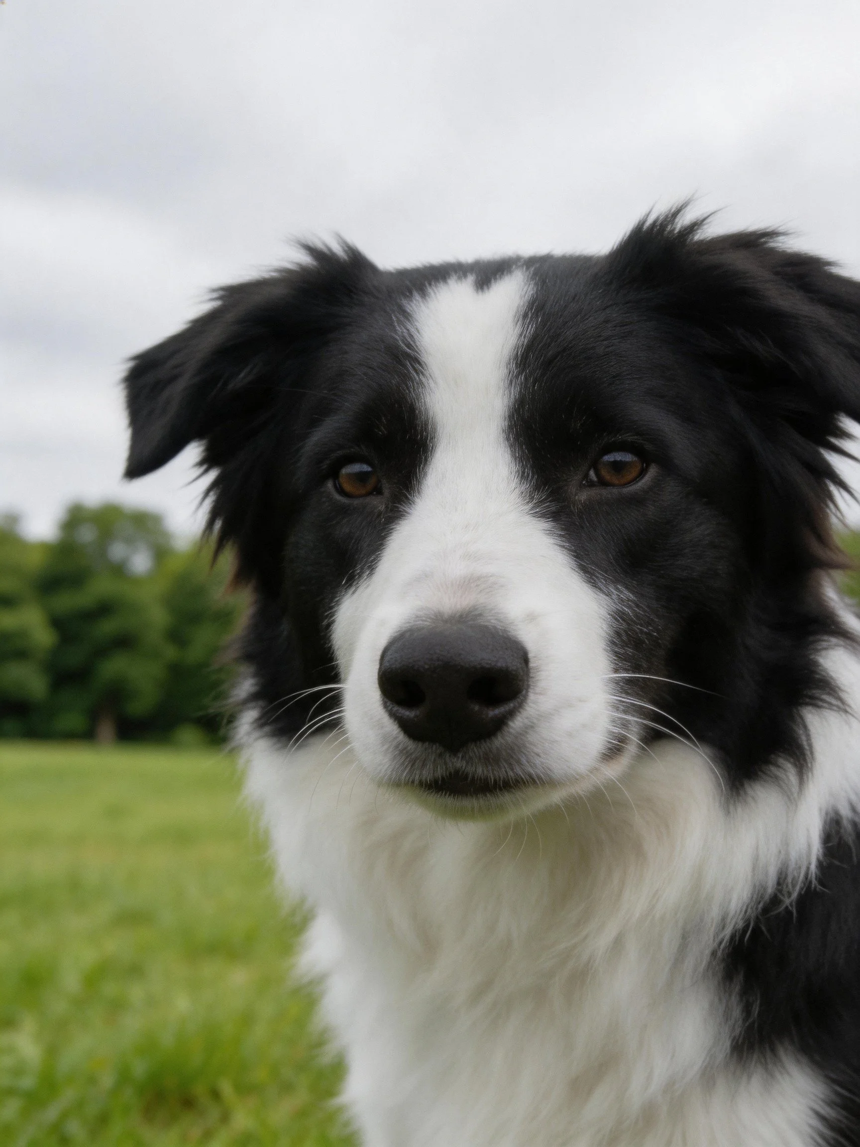 A close - up of a black and white dog with brown eyes in a grassy field.
