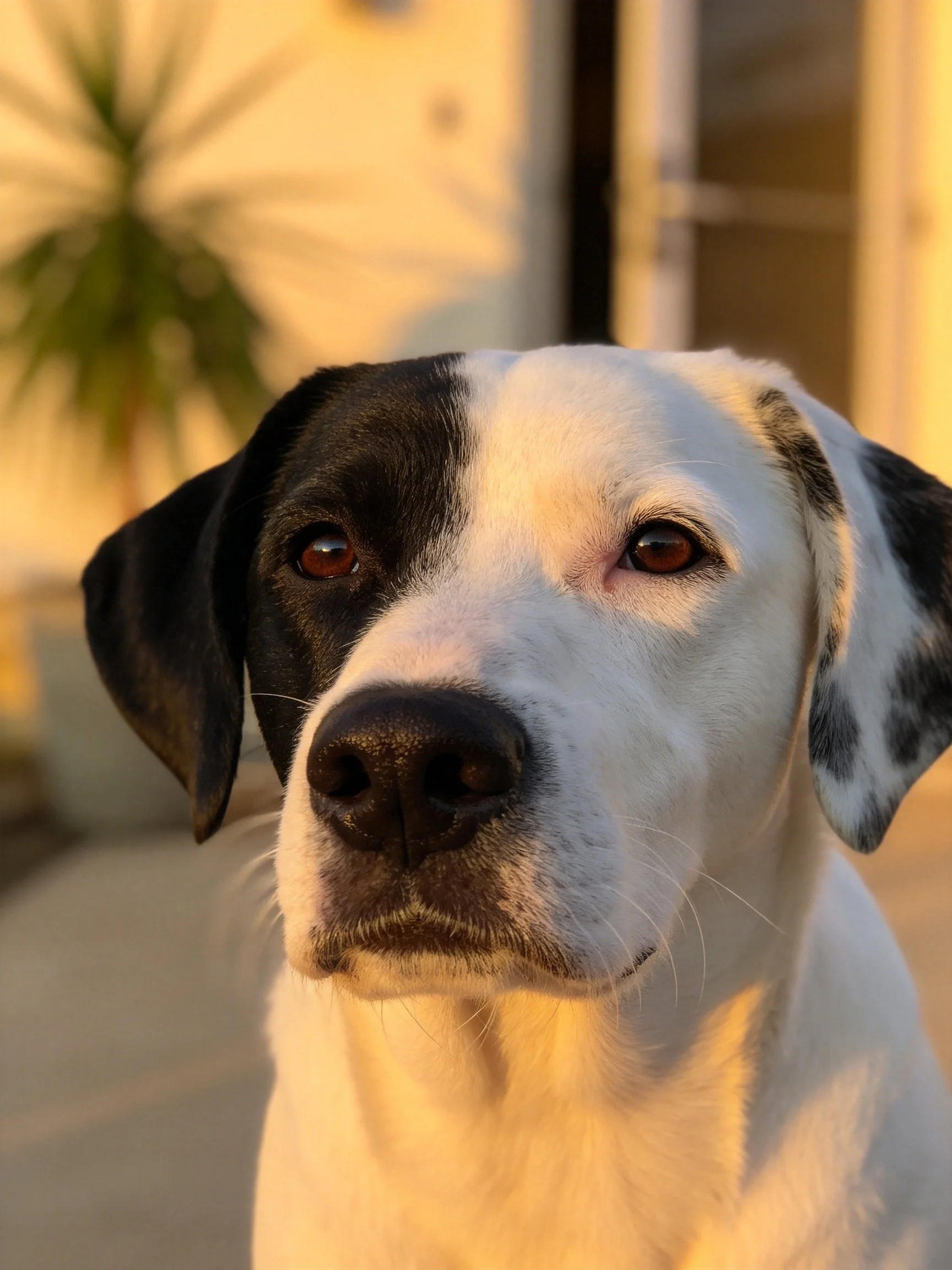 A black-and-white dog gazes calmly in golden light.