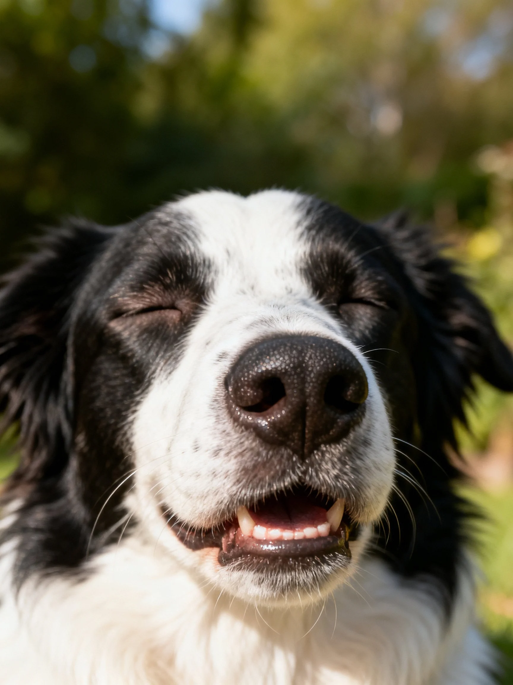 A black and white dog appears content with closed eyes in an outdoor setting.
