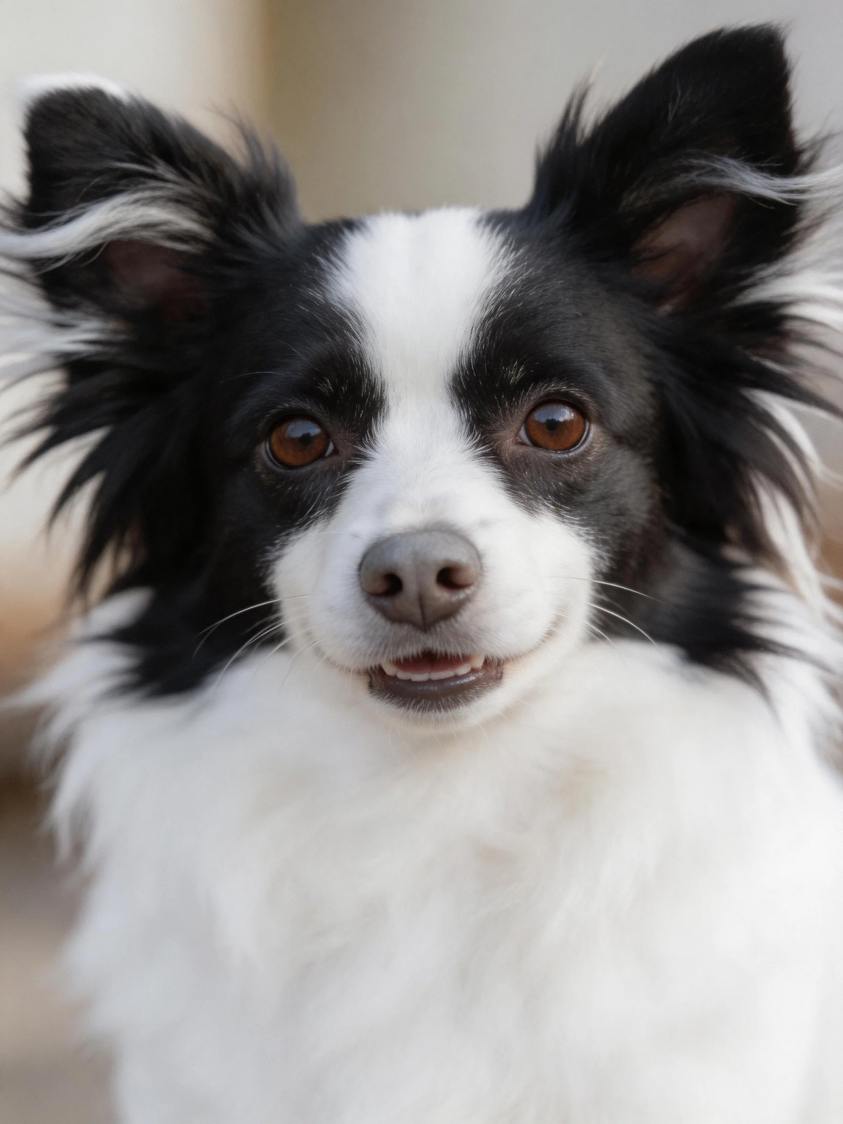 A black and white dog with large ears shows a cheerful look.