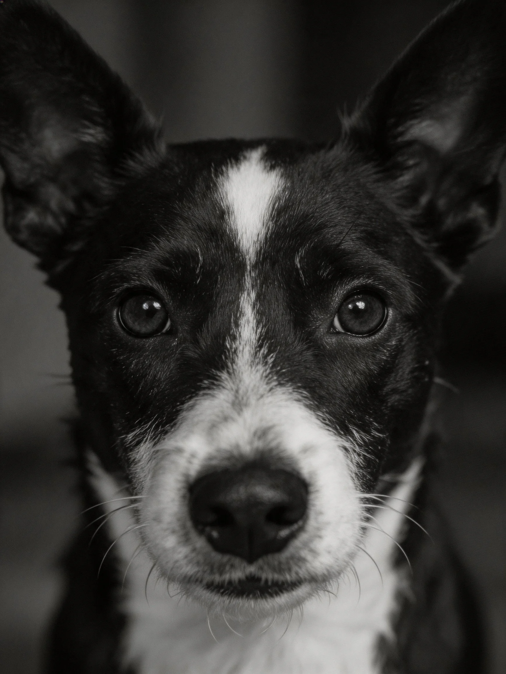 A close - up of a black and white dog with striking facial features.