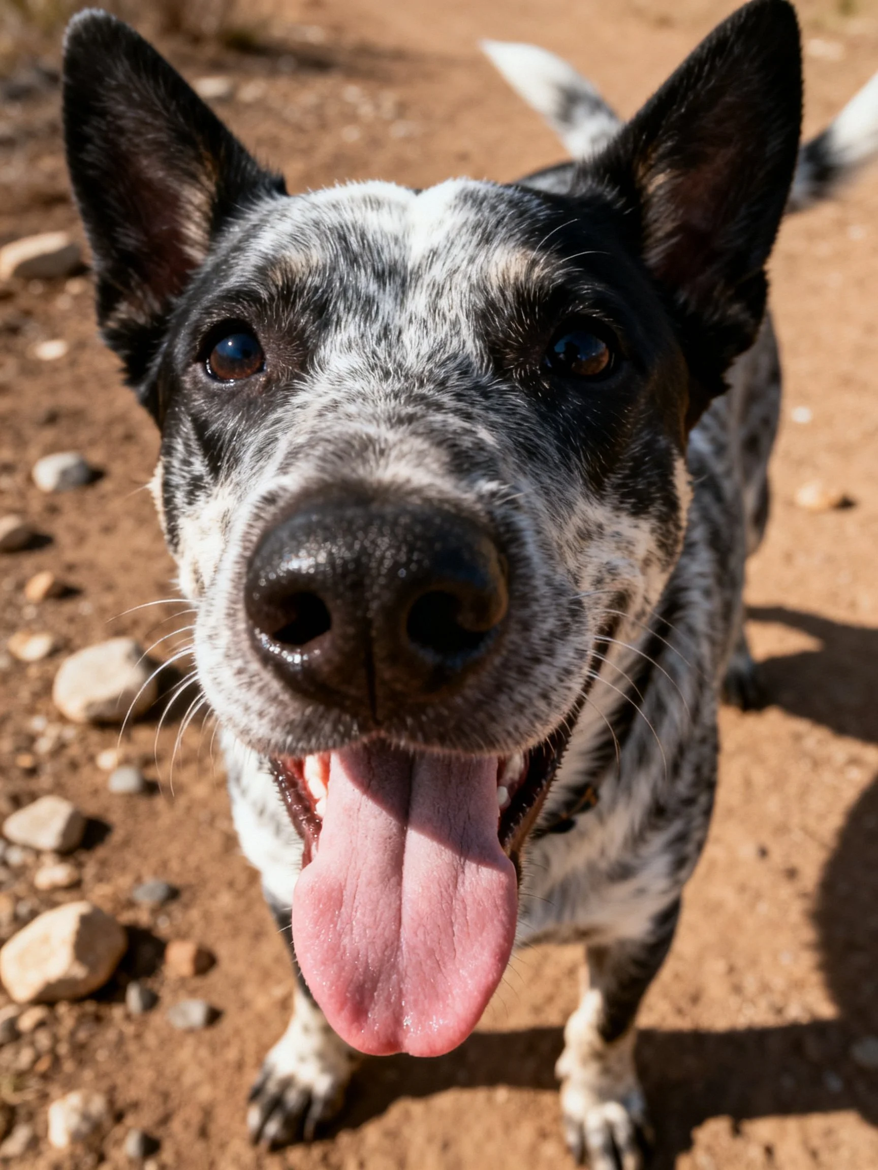 A cheerful black-and-white dog stands on a rocky dirt path.
