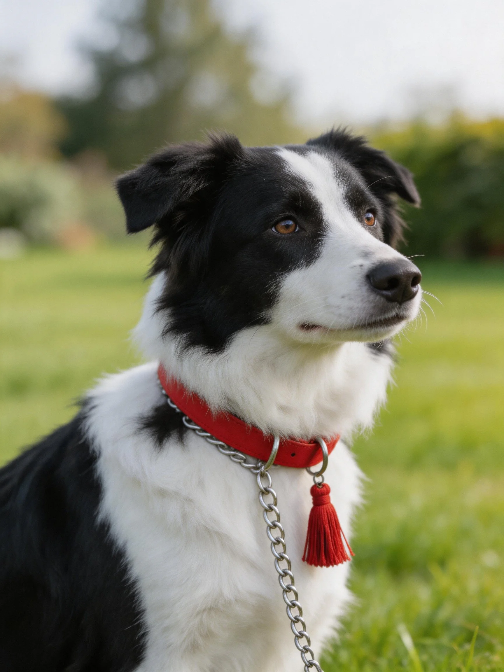 A black and white dog with a red collar sits in a grassy landscape.