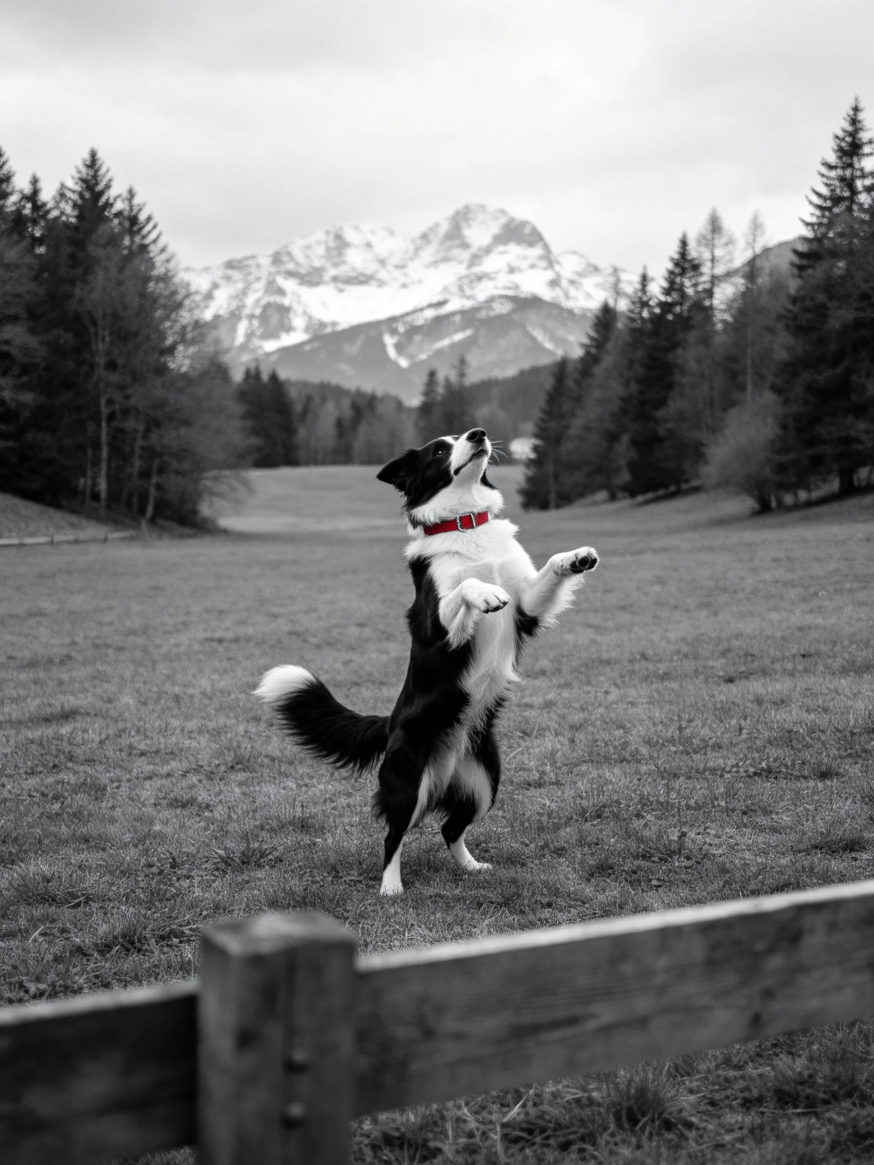 A black - and - white dog with a red collar jumps in a grassy field with snow - capped mountains in the distance.